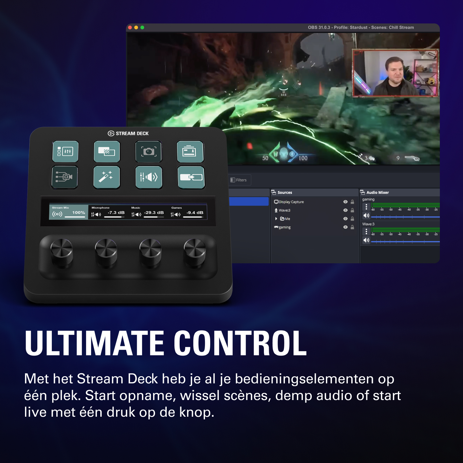 Stream Deck met game en OBS software schermen.