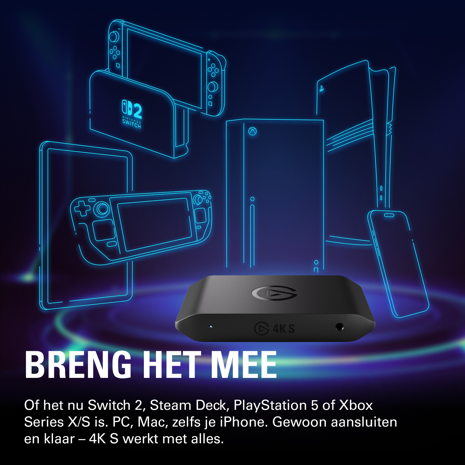 Neon contouren van gameconsoles en apparaten op donkere achtergrond.
