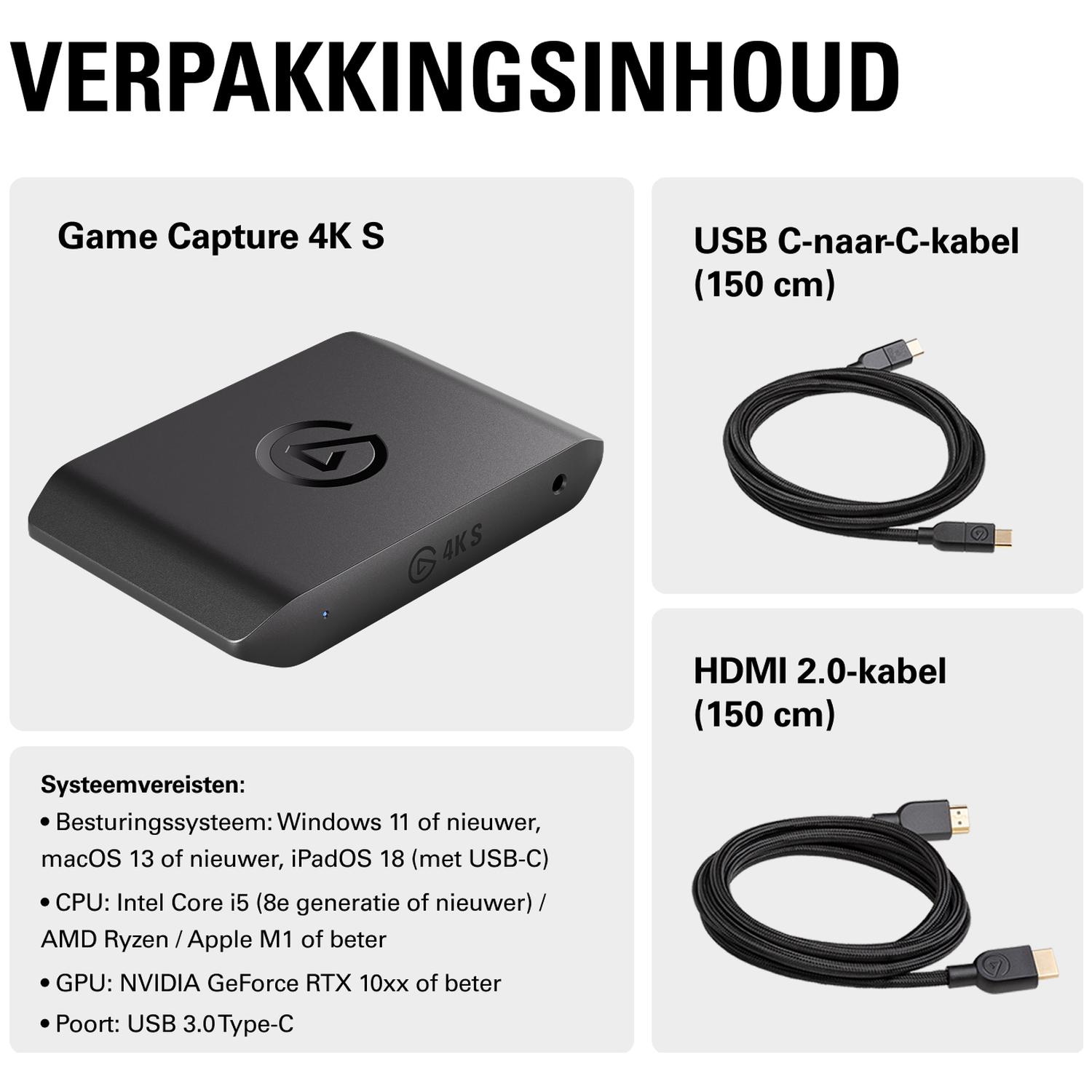 Verpakkingsinhoud: Game Capture 4K S, USB-C kabel, HDMI kabel, systeemvereisten.