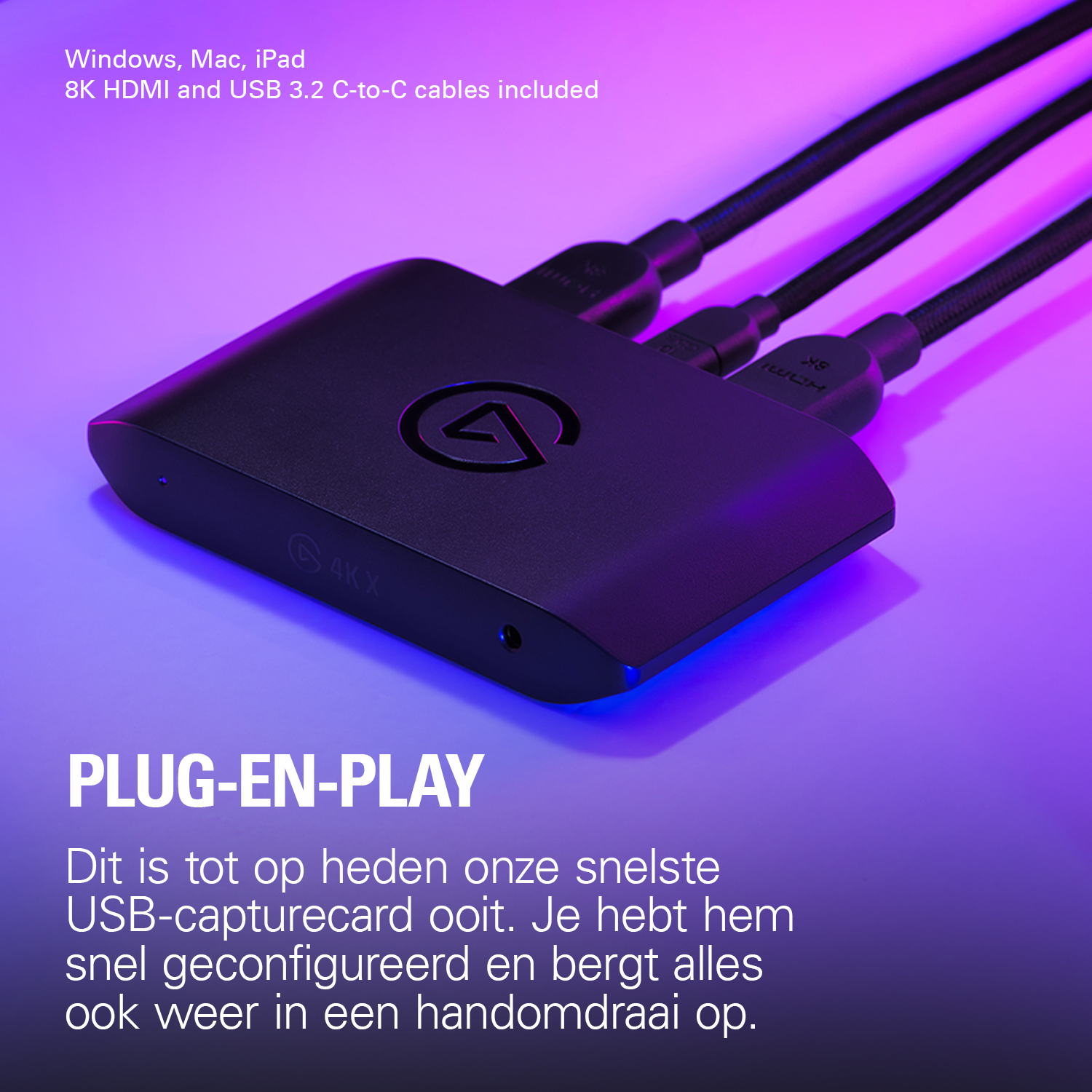 Zwarte capture card met HDMI en USB-C kabels aangesloten, op paarse achtergrond.
