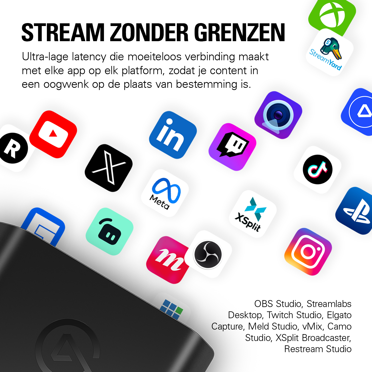 Zwart-grijs apparaat voorgrond, kleurrijke app-iconen achtergrond.