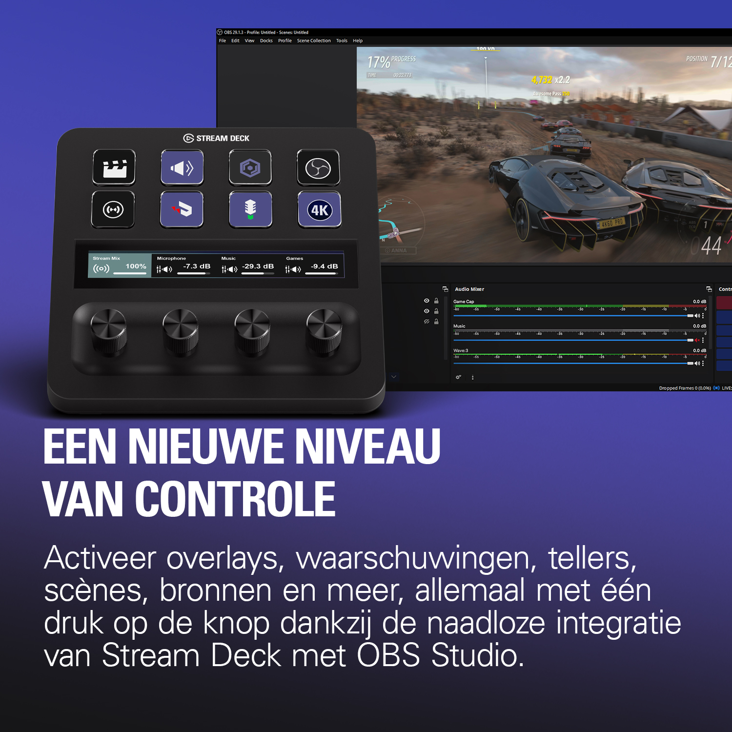 Een Stream Deck controller met knoppen en draaiknoppen, naast een racegame op een scherm.