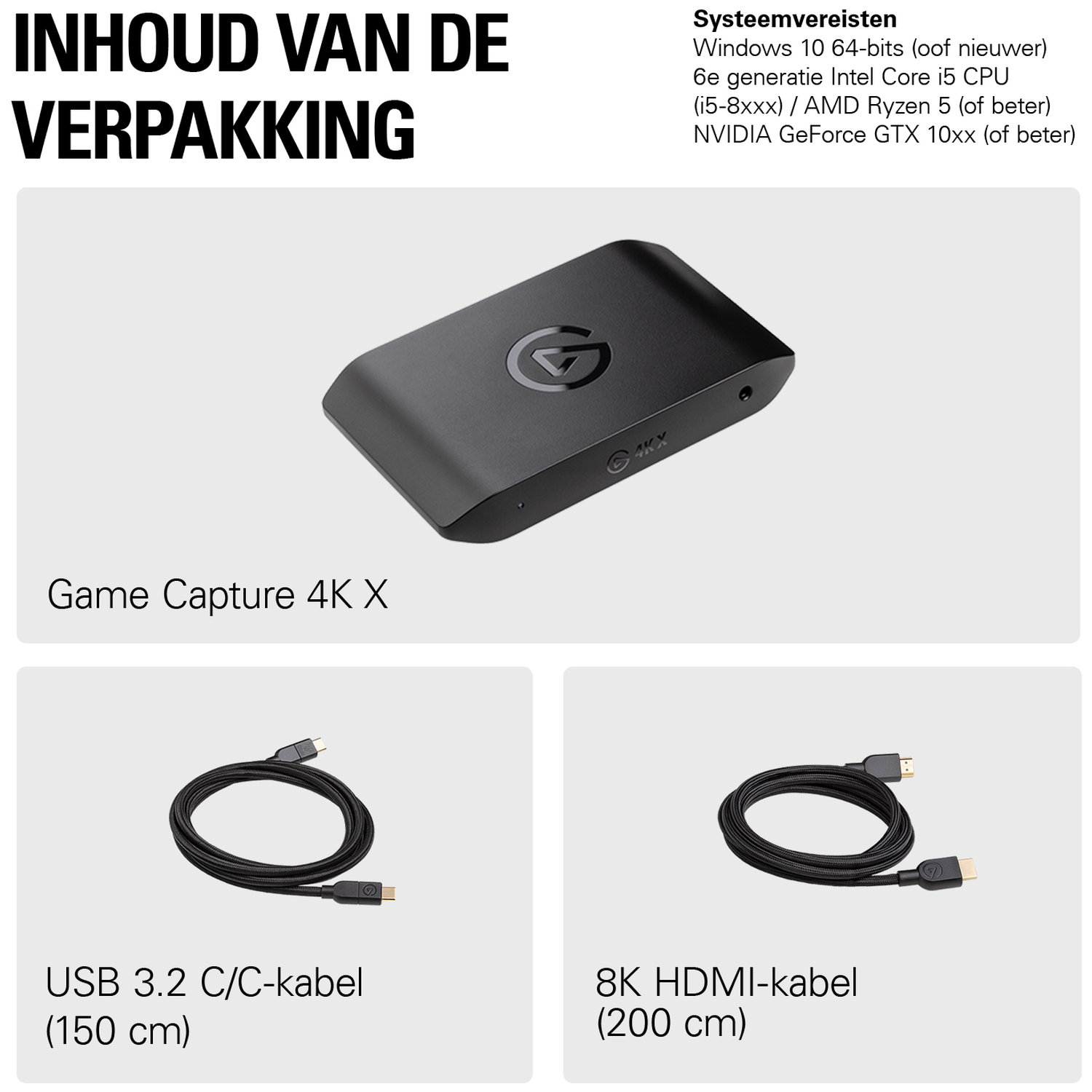 Inhoud van de verpakking: Game Capture 4K X, USB 3.2 C/C-kabel, 8K HDMI-kabel.