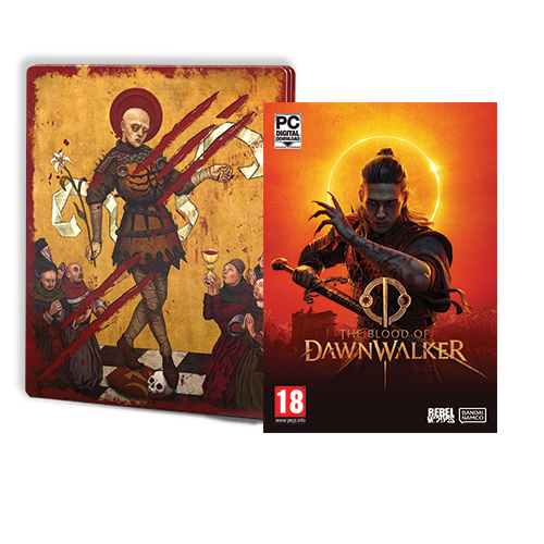 Una portada de juego con un hombre sosteniendo una espada y una representación artística de una figura.