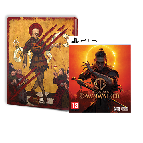 Portada y arte de steelbook del juego de PS5 'The Blood of Dawnwalker'.