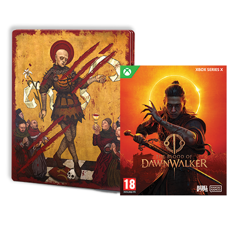 El juego "The Blood of Dawnwalker" para Xbox Series X, con un hombre con espadas y un grupo de personas.