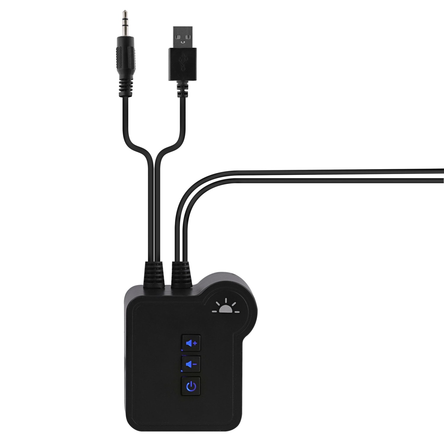 Fekete eszköz USB és 3,5 mm-es jack kábelekkel. Gombok: +,-, bekapcsolás.