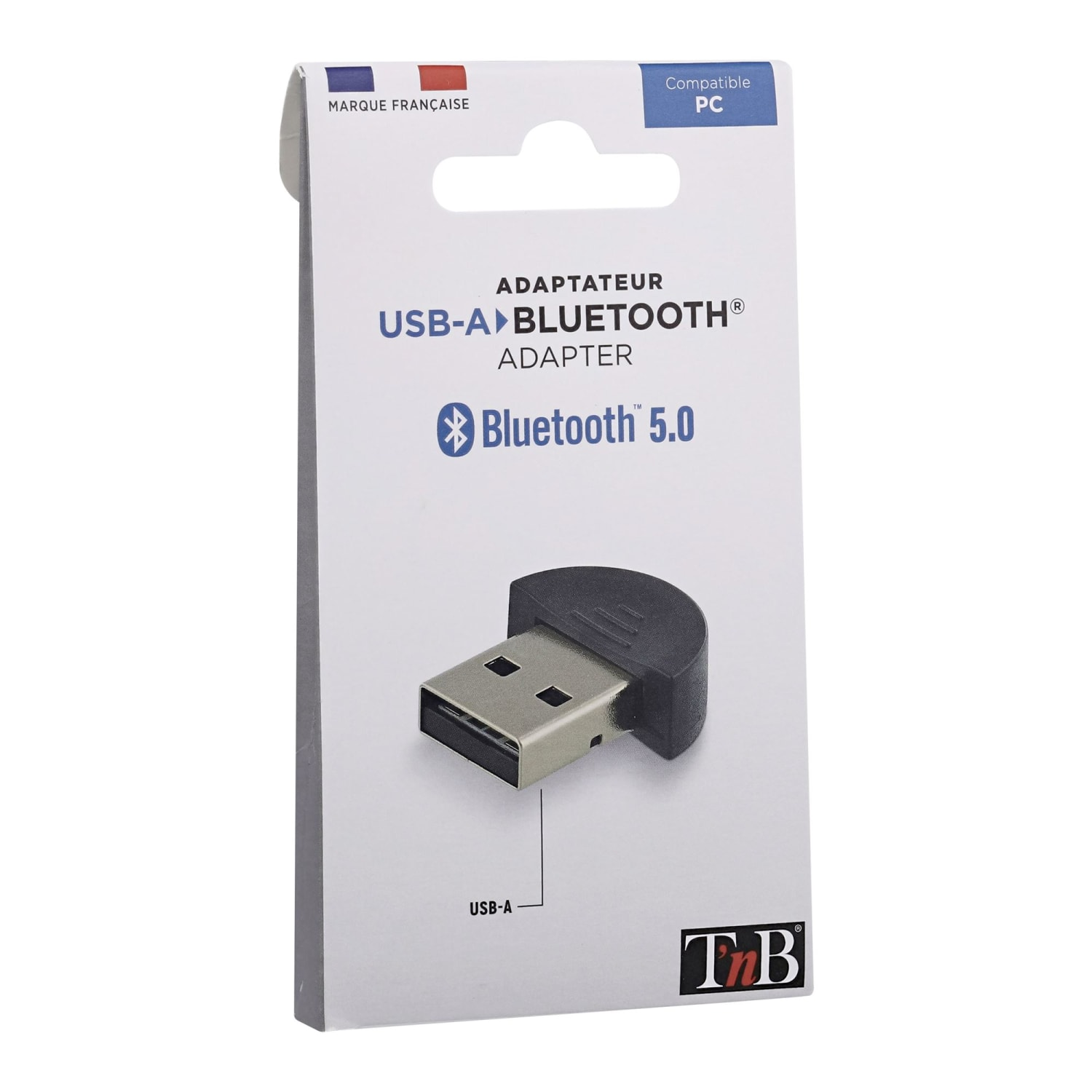 USB-A Bluetooth 5.0 adapter csomagolása francia zászlóval.
