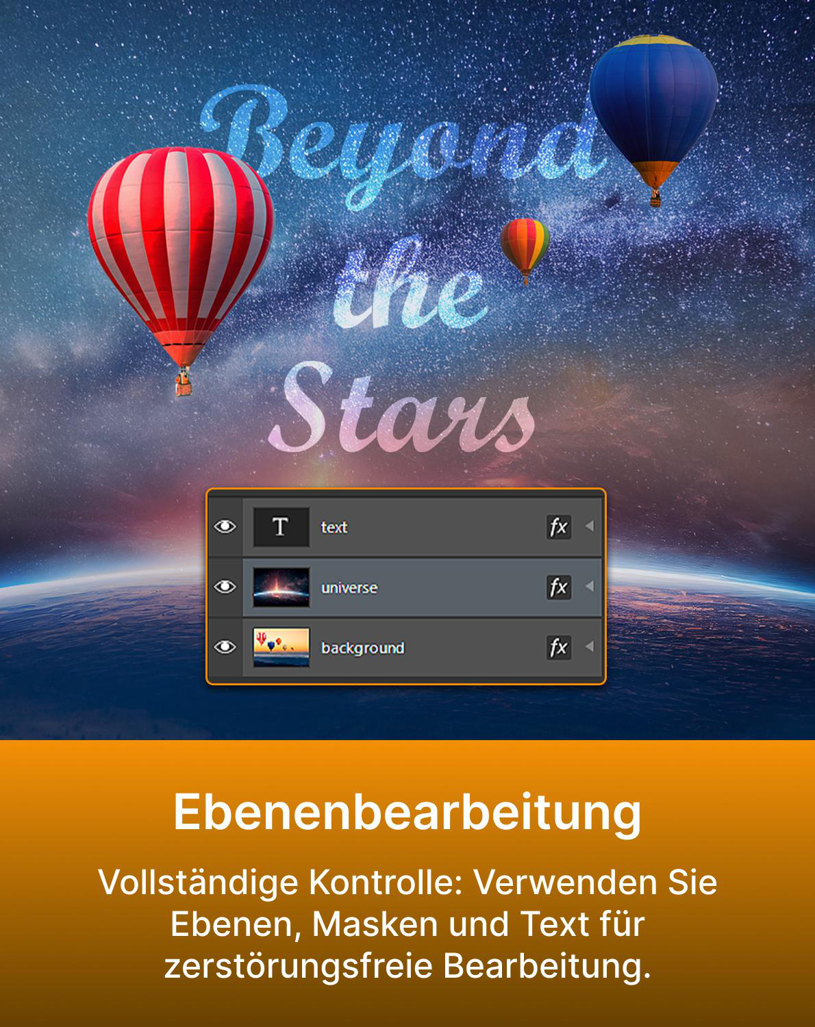 Drei Heißluftballons fliegen vor einem Sternenhimmel mit Text.