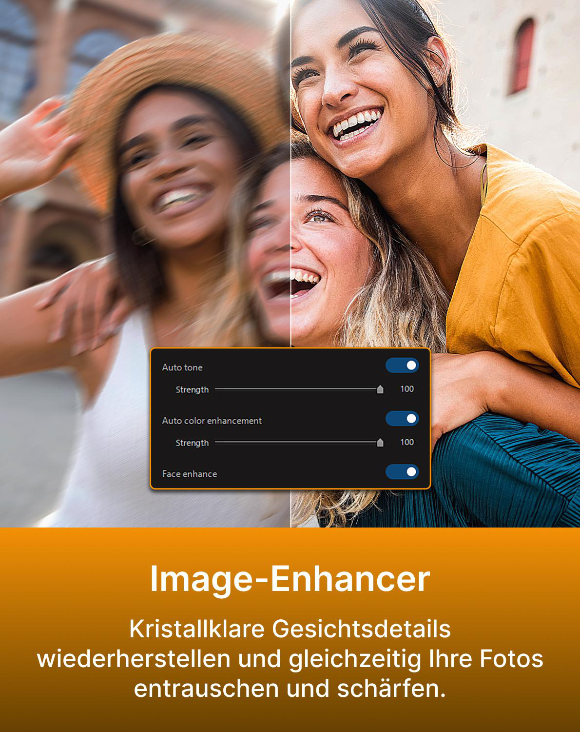 Drei lächelnde Frauen, eine mit Strohhut, mit Bildbearbeitungswerkzeugen.