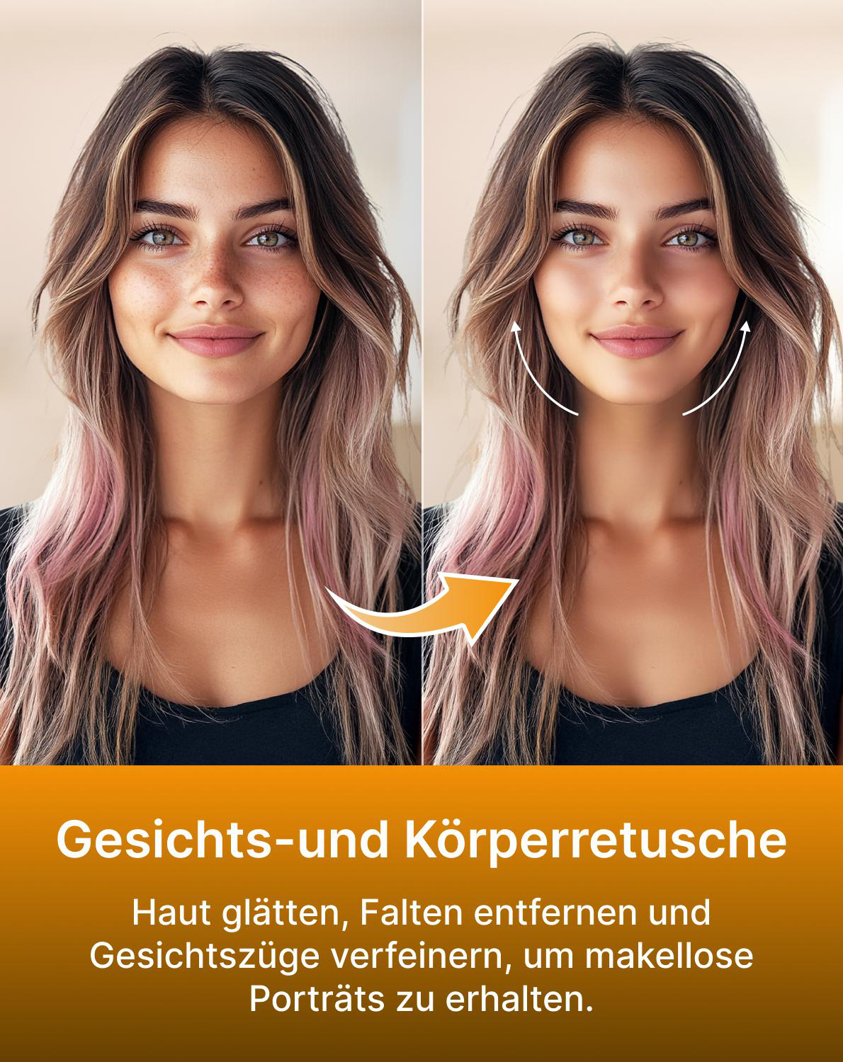 Vorher-Nachher-Vergleich einer Frau mit Hautglättung und Gesichtsstraffung.