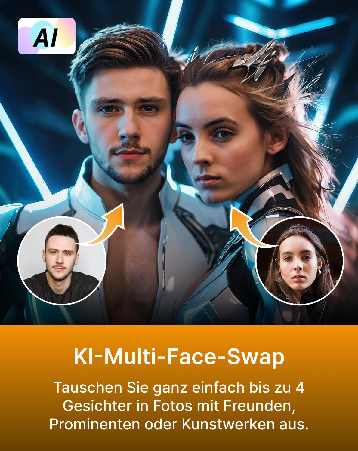 KI-Multi-Face-Swap: Tauschen Sie Gesichter in Fotos mit Freunden, Prominenten oder Kunstwerken aus.