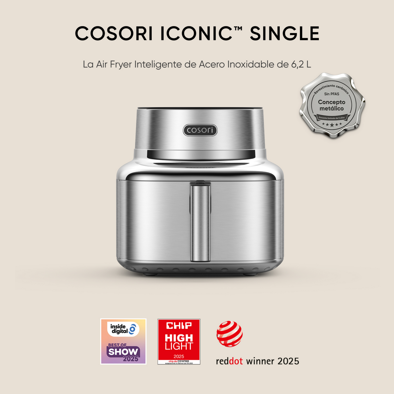 Freidora de aire plateada COSORI ICONIC Single con premios.