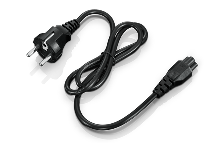 Czarny kabel zasilający z wtyczką europejską i złączem trójbolcowym.