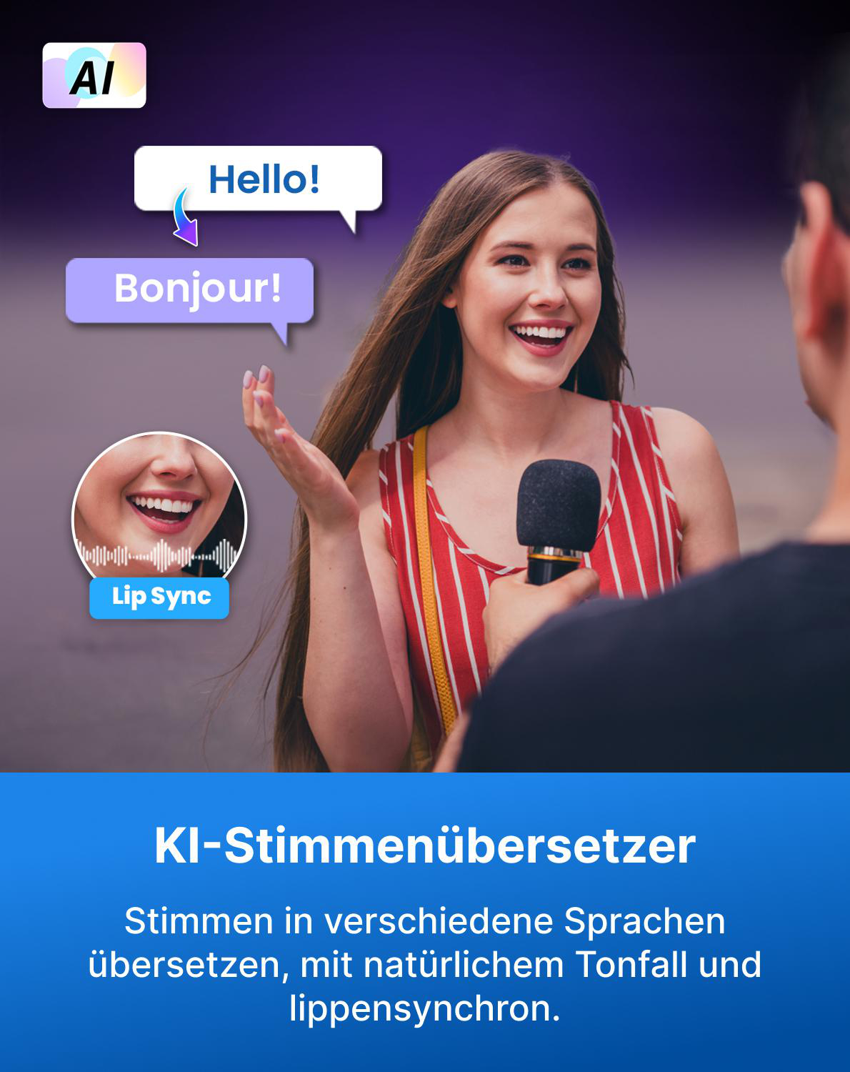 Eine Frau spricht in ein Mikrofon, mit "Hallo!" und "Bonjour!" Sprechblasen.