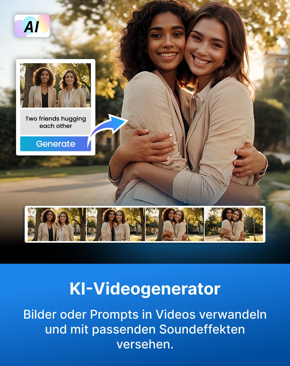 Zwei Freundinnen umarmen sich. KI-Videogenerator.