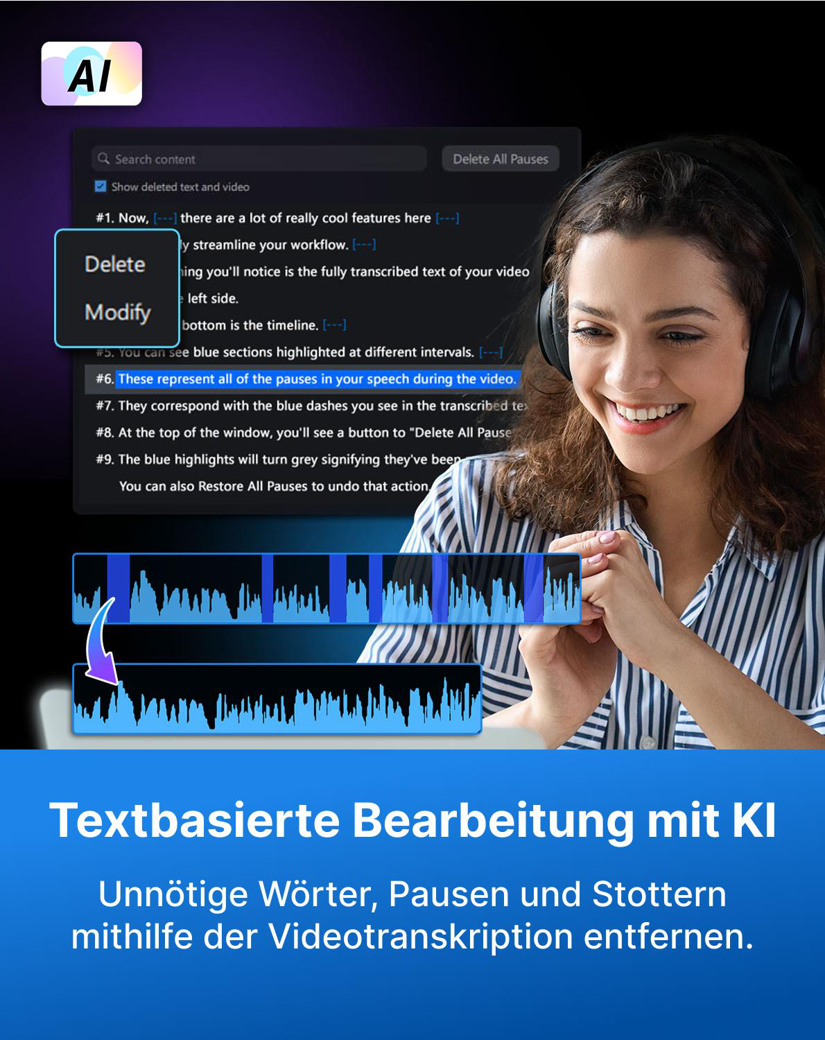 Eine Frau mit Kopfhörern lacht, während sie auf einen Bildschirm mit Videobearbeitungssoftware schaut.