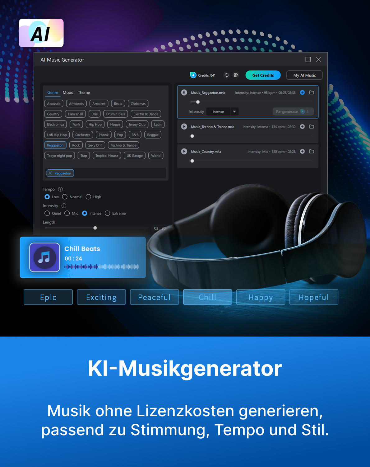 KI-Musikgenerator-Interface mit Genres, Intensitätseinstellungen und Kopfhörern.