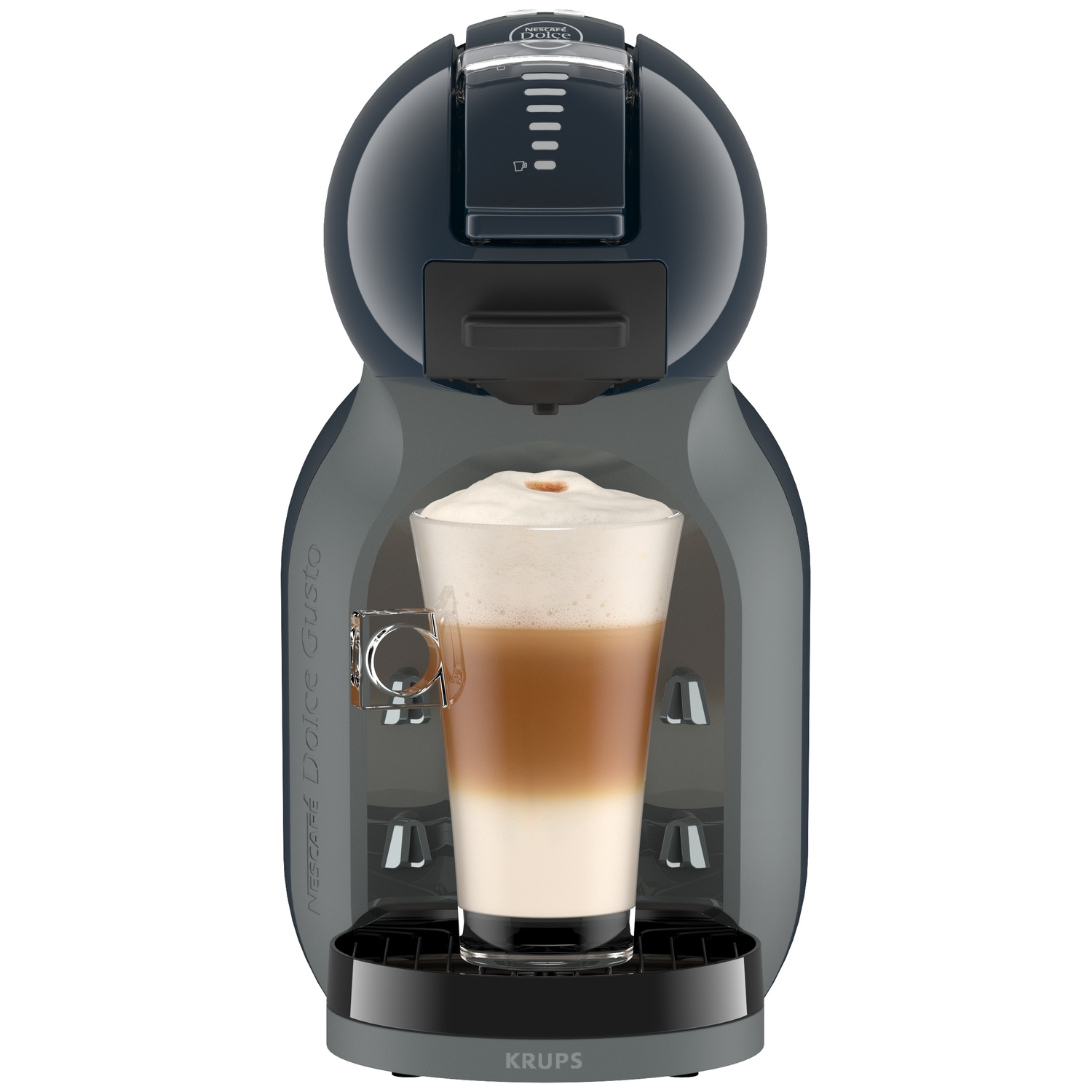 Donkergrijze koffiemachine met een glas latte macchiato.