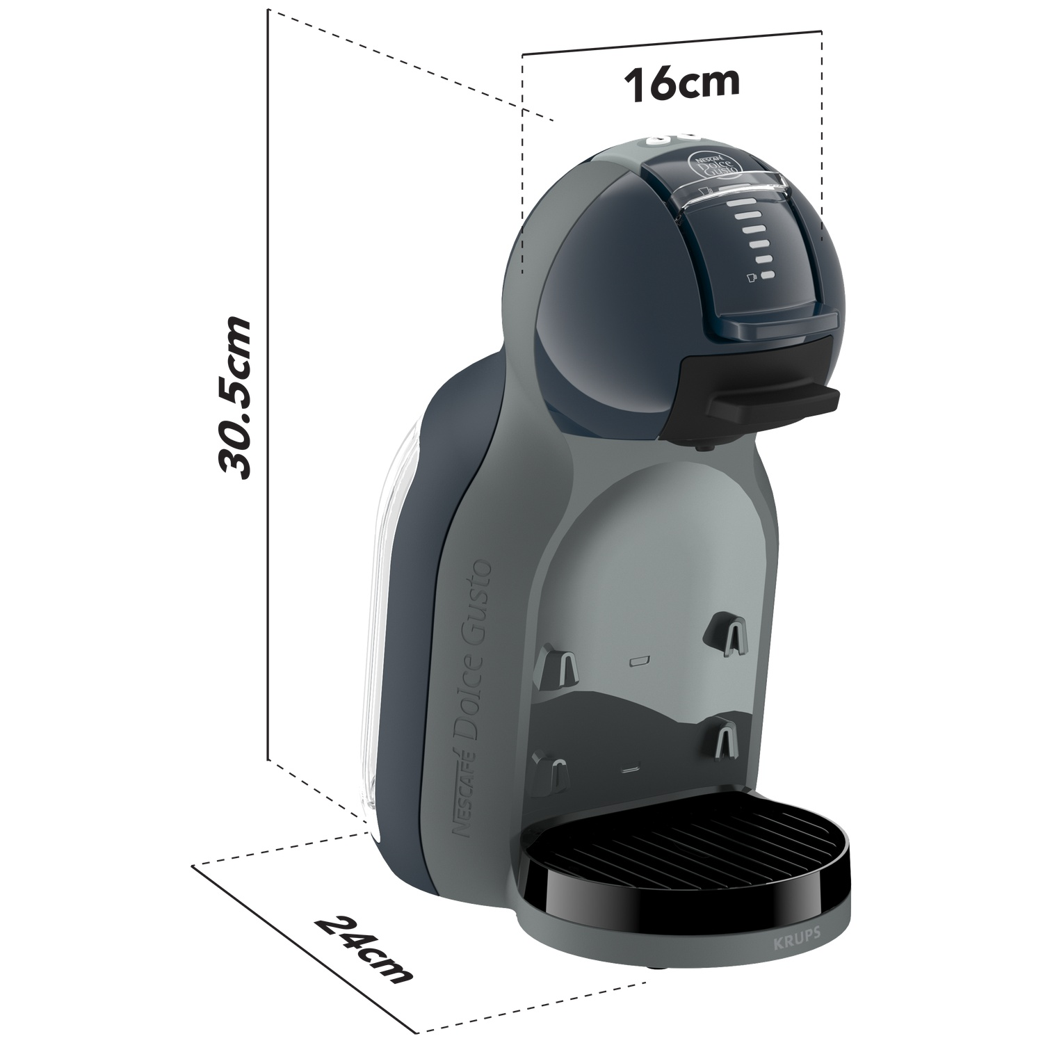 Grijze Nespresso koffiemachine met afmetingen: 30,5 cm H, 16 cm B, 24 cm D.