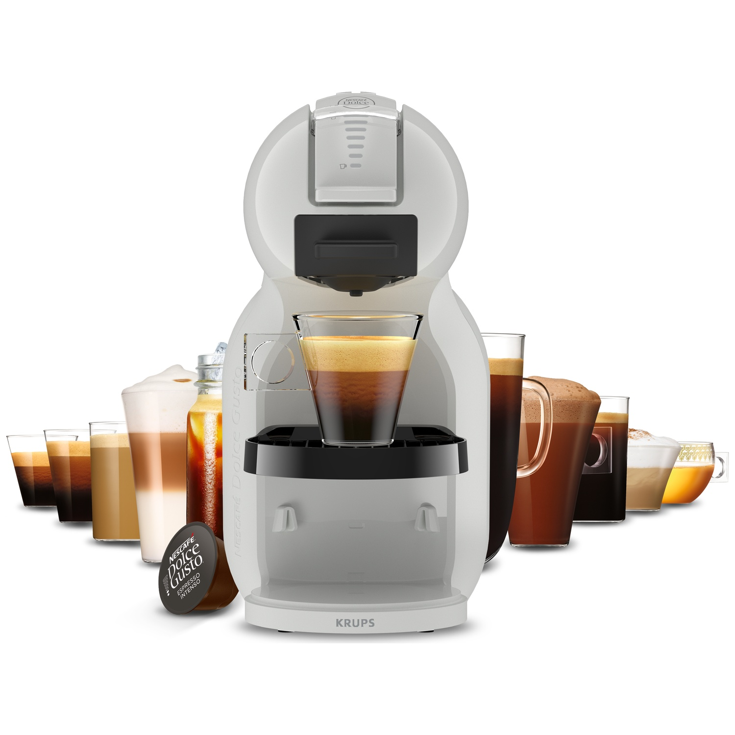 Witte koffiemachine met diverse koffies in glazen en een capsule.