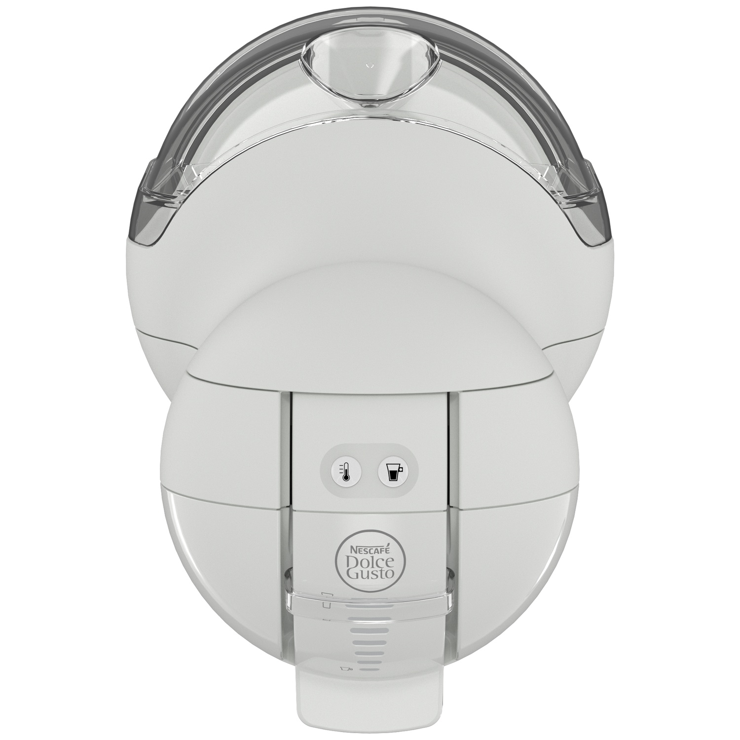 Witte Dolce Gusto koffiemachine met doorzichtige watertank en deksel.