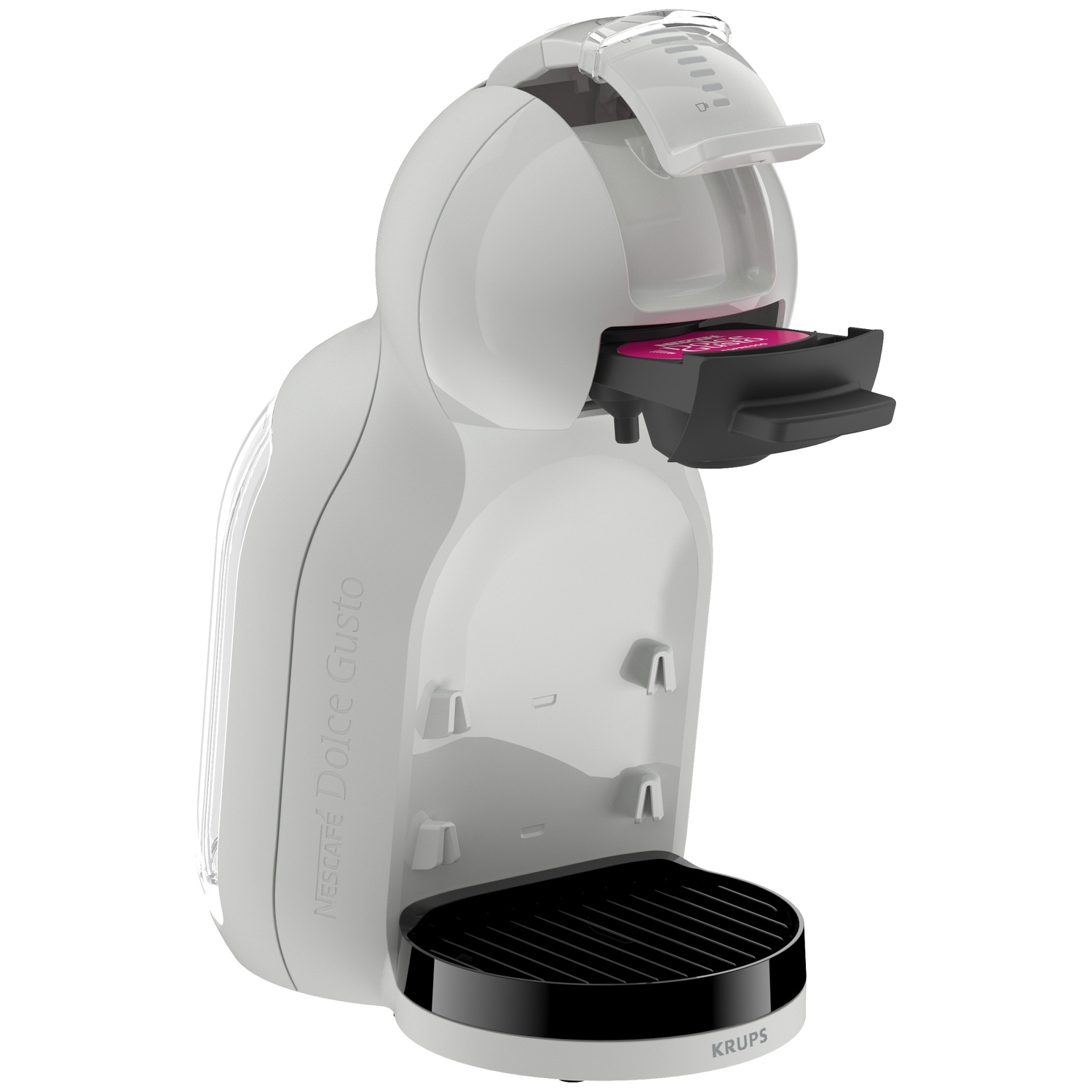 Een witte capsule koffiezetapparaat met een roze capsule in de lade.
