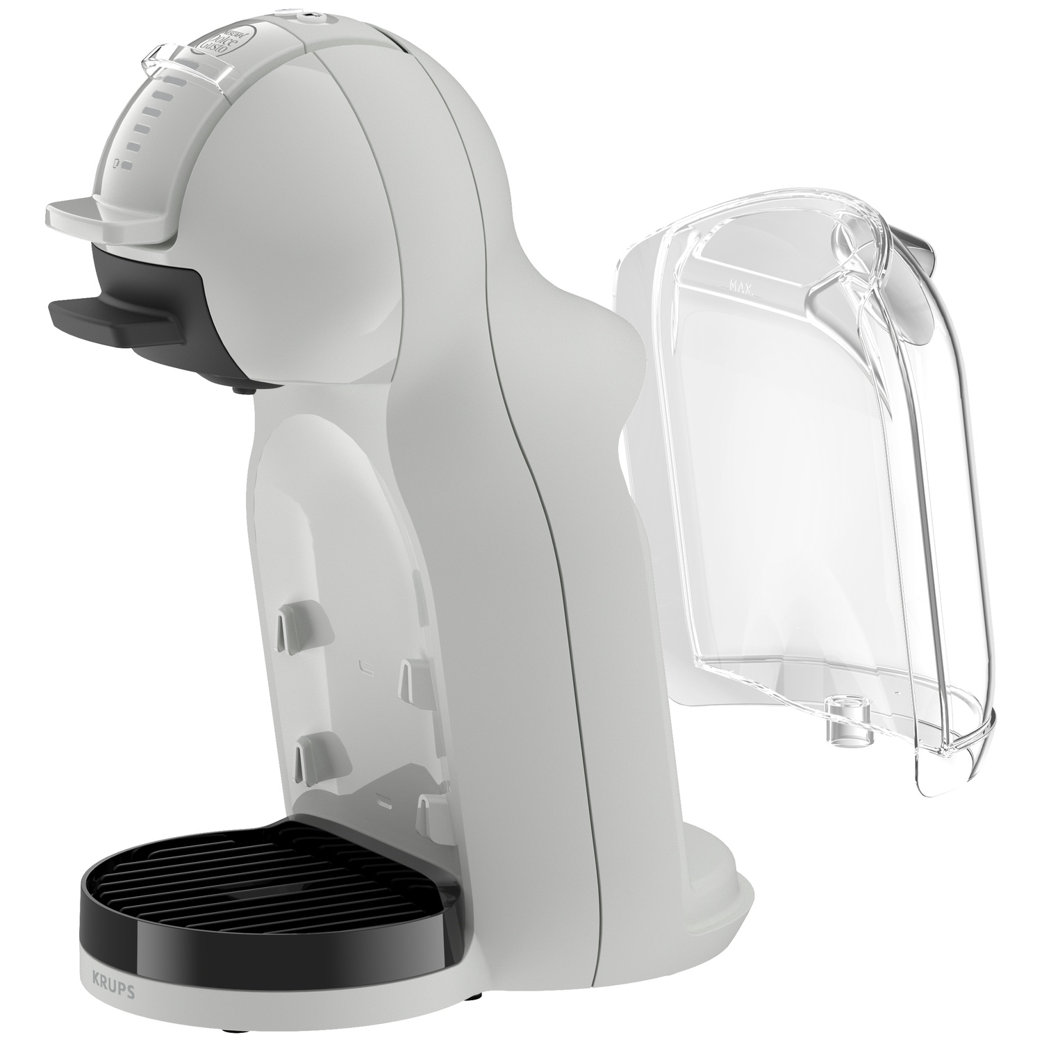 Witte Krups koffiemachine met open doorzichtig waterreservoirdeksel en zwart lekbakje.
