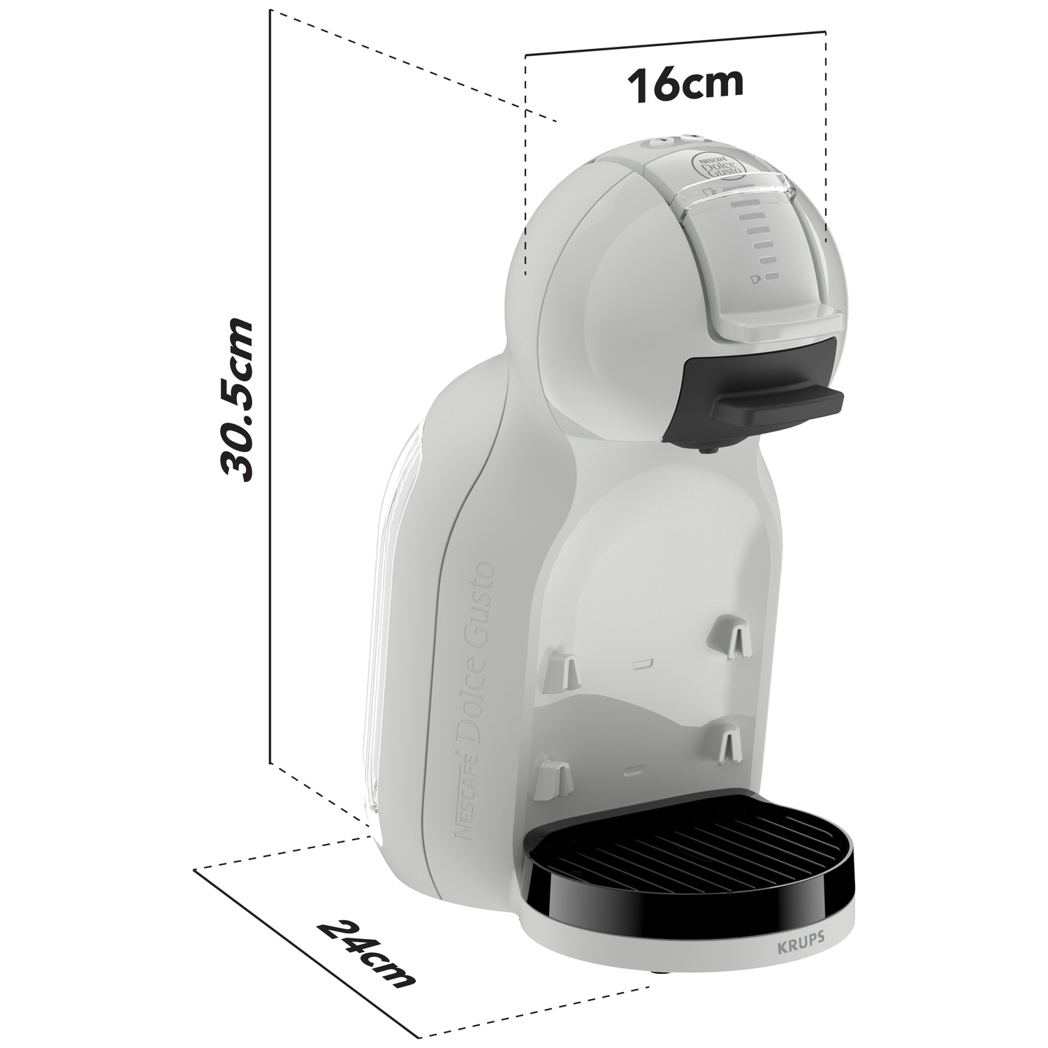 Witte koffiemachine met afmetingen 30,5x16x24cm.