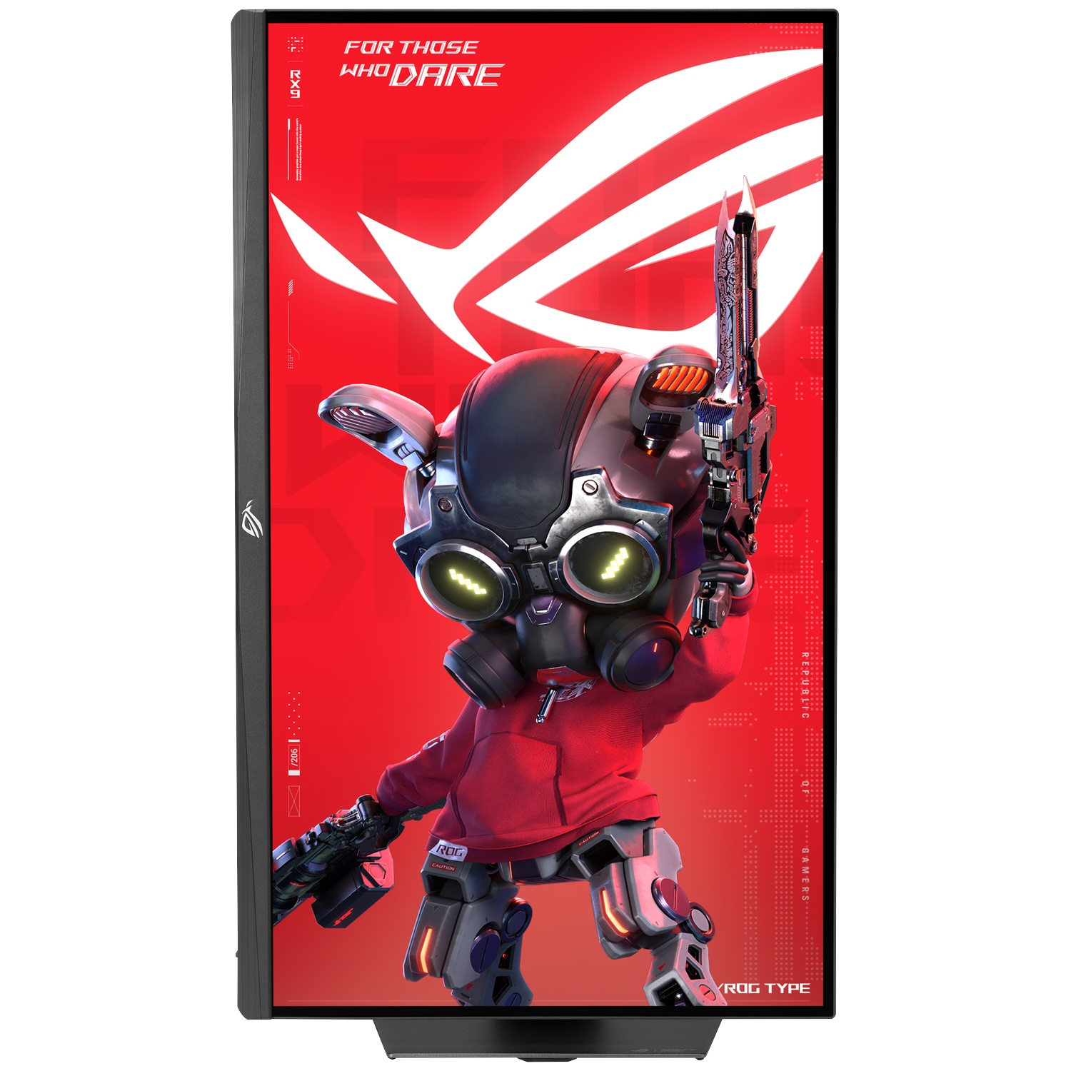 A robot with a gas mask and red hoodie holds weapons. Red background with ROG logo.