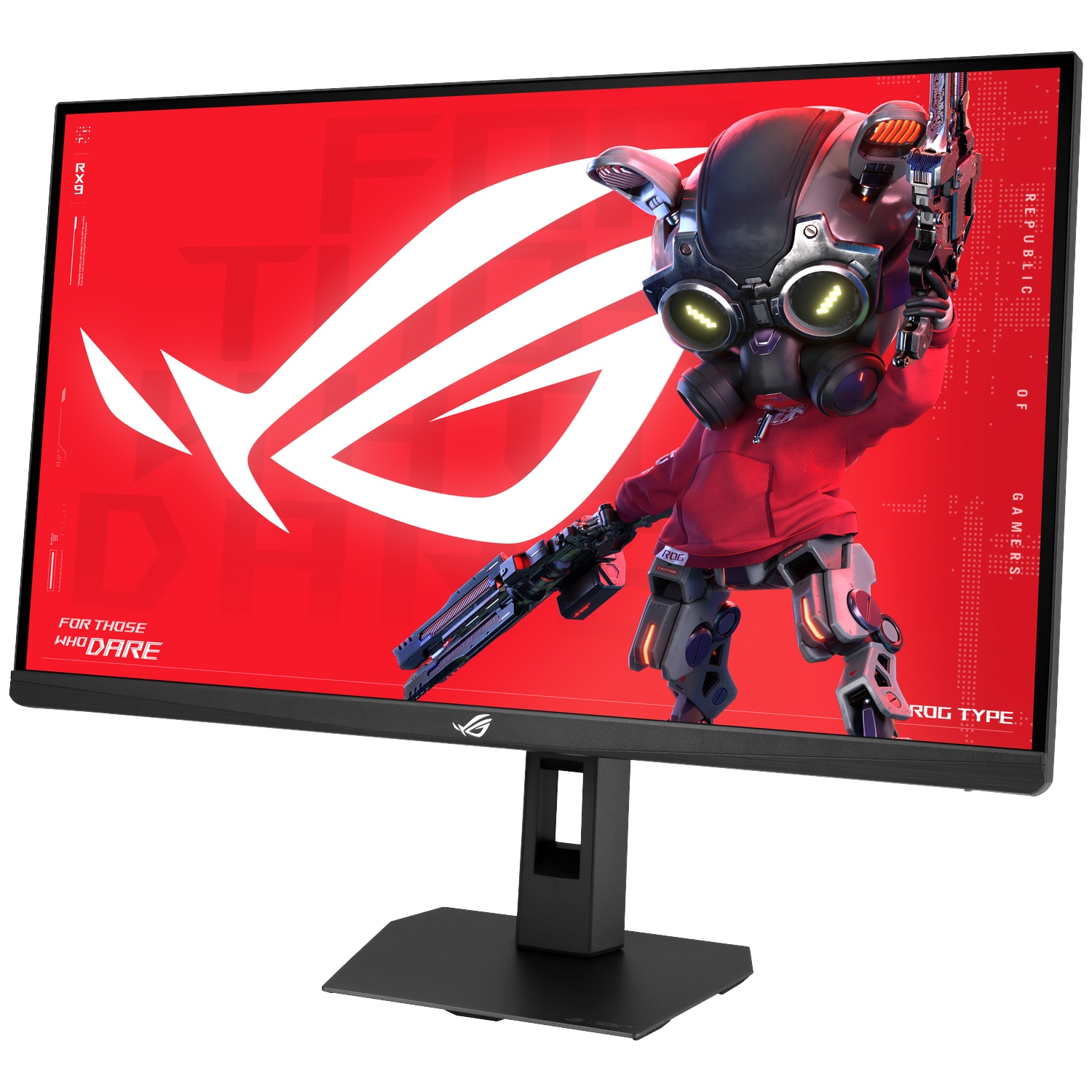 A gaming monitor displaying a red background with a robot character holding a weapon.