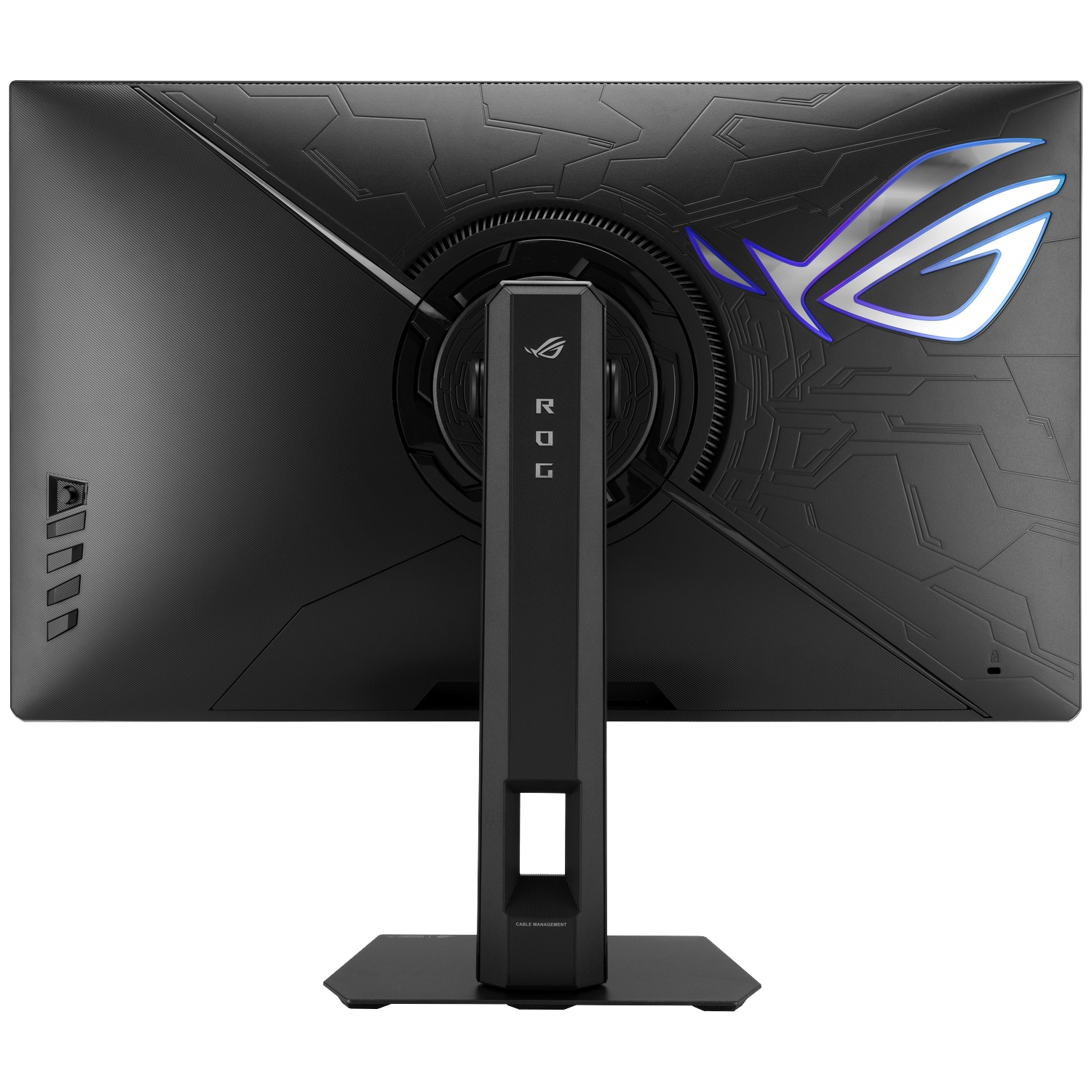Back of a black monitor with ROG logo and stand.