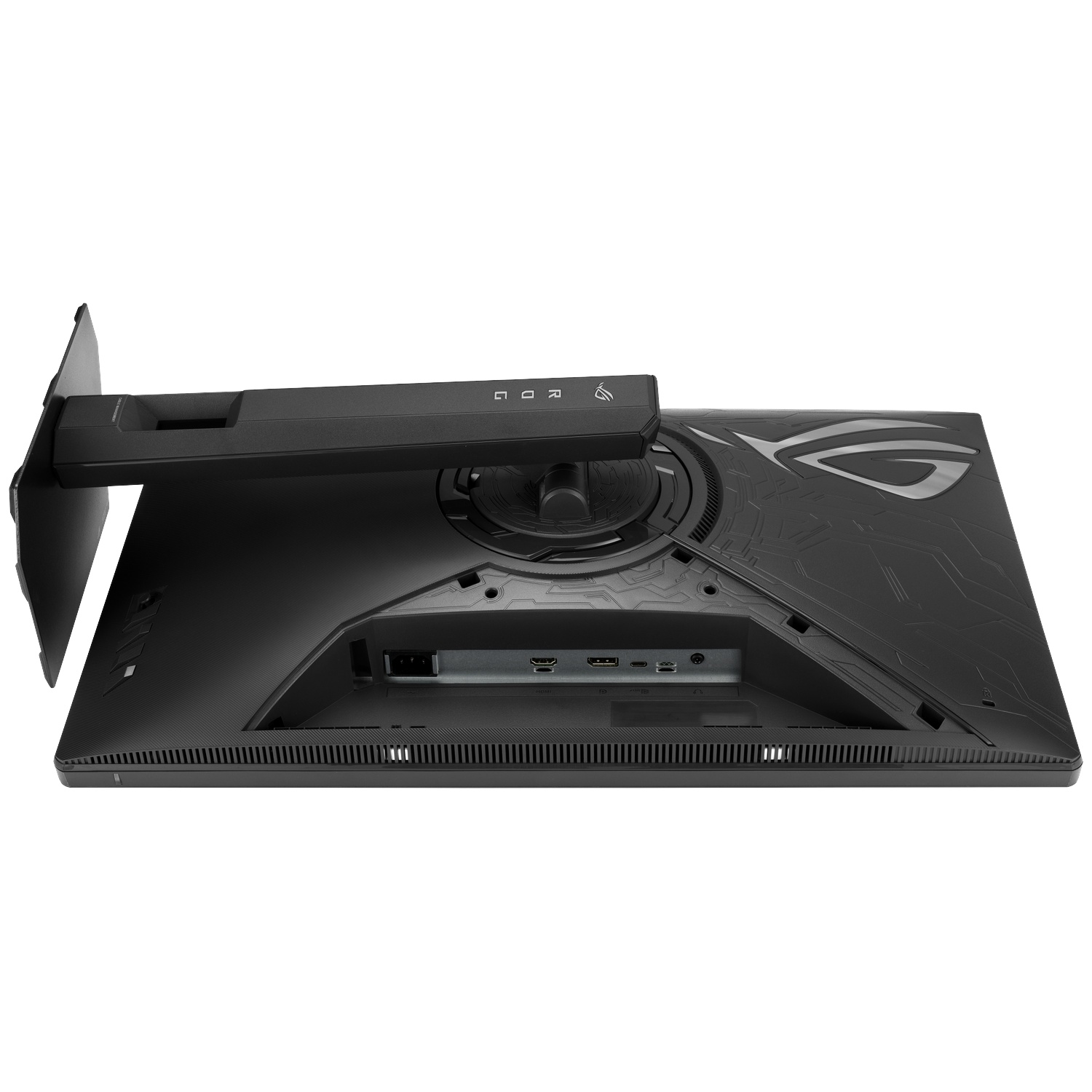 Black monitor stand with ports and ROG logo. White background.