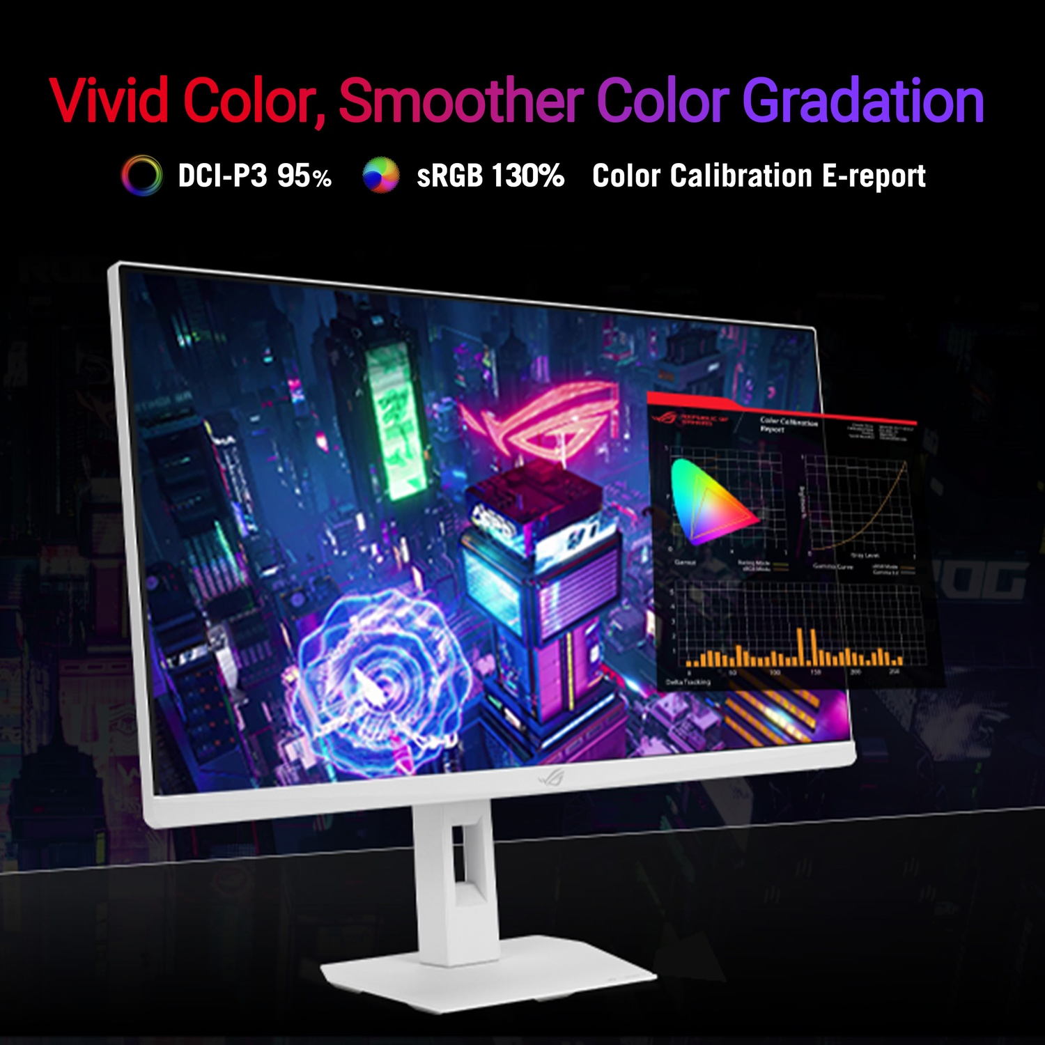 A white monitor displays a vibrant city scene and a color spectrum chart.