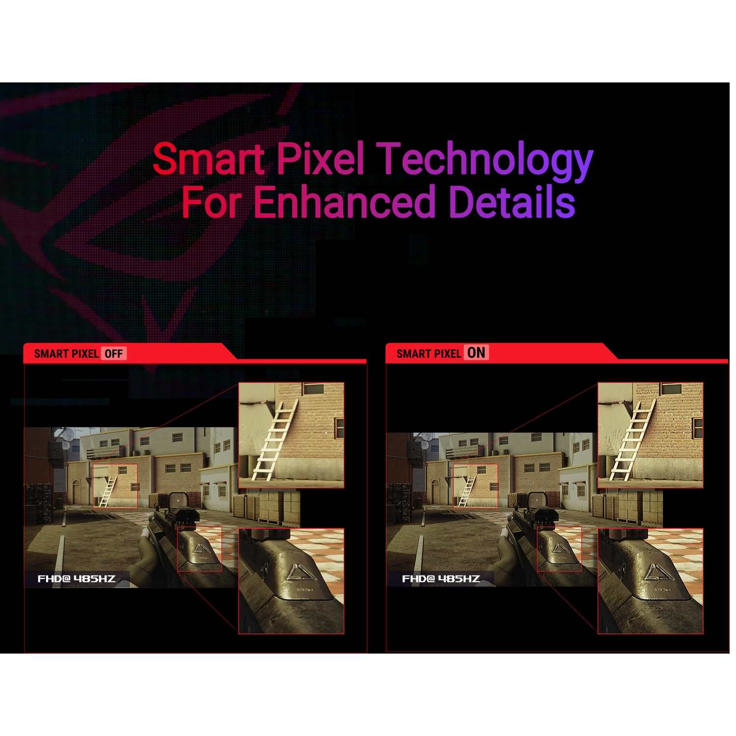 Comparison of game graphics with and without Smart Pixel Technology.