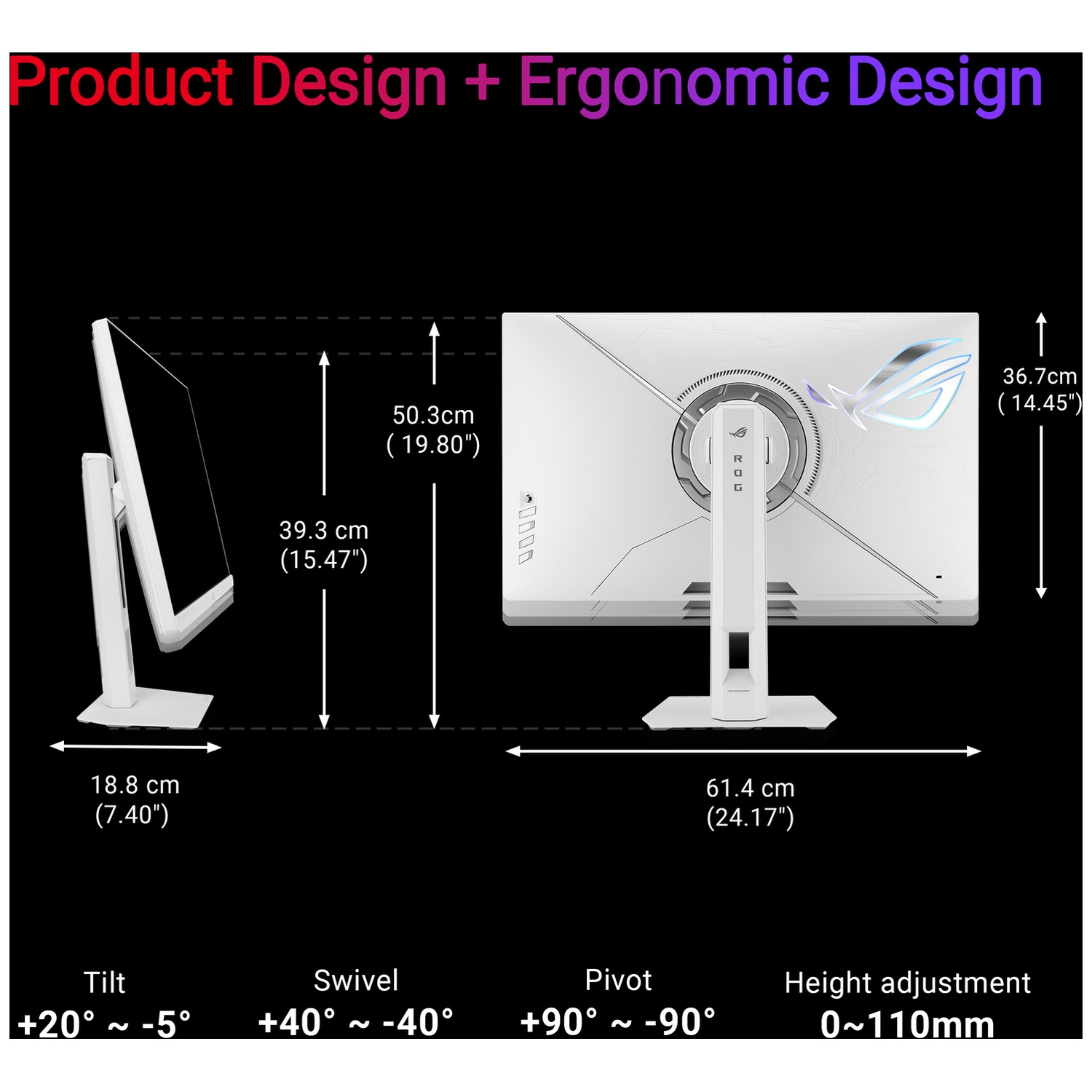 White monitor dimensions: 61.4cm W, 50.3cm H. Tilt, swivel, pivot, height adj.