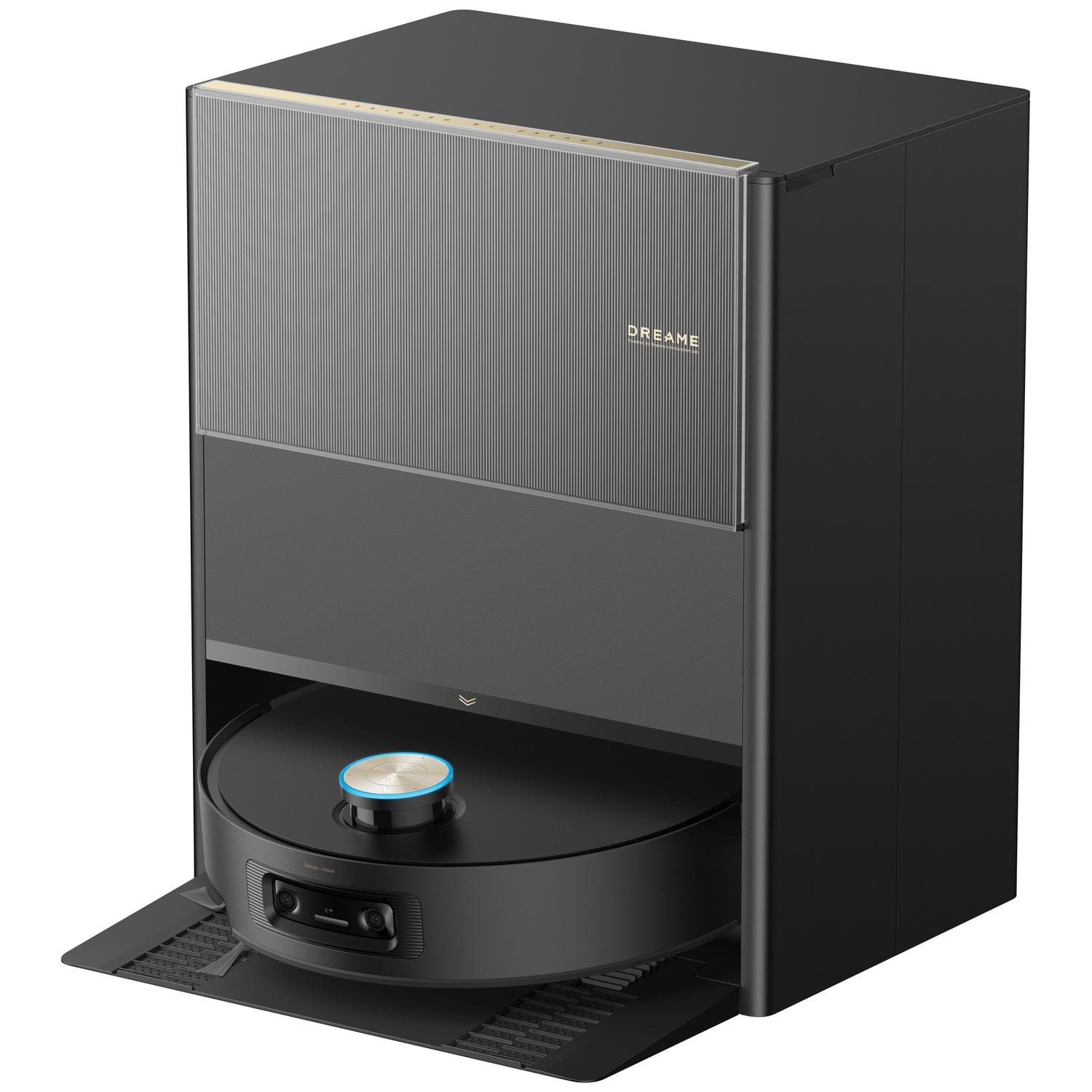 A black robot vacuum cleaner with its docking station. It has a round top surface.