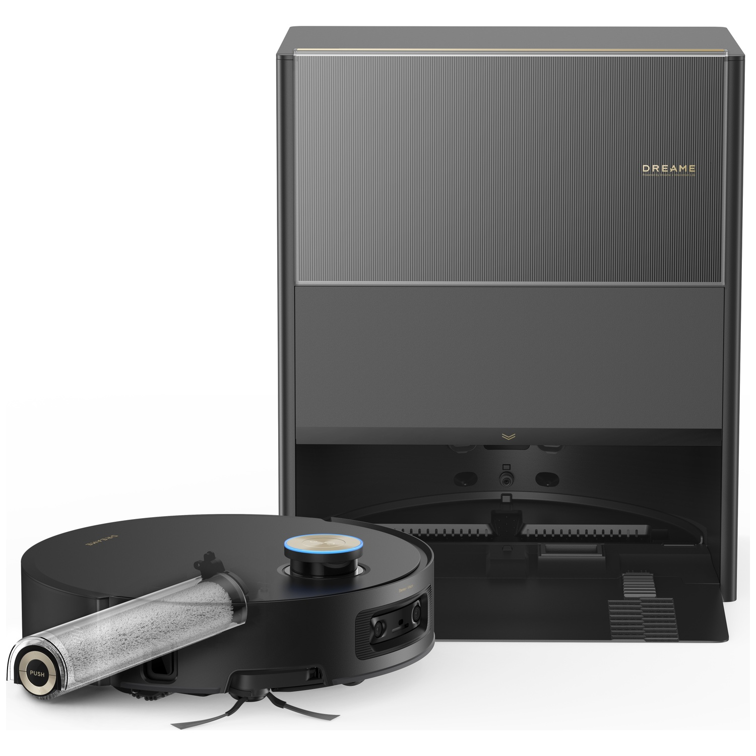 Black robot vacuum with dustbin next to a gray charging station.