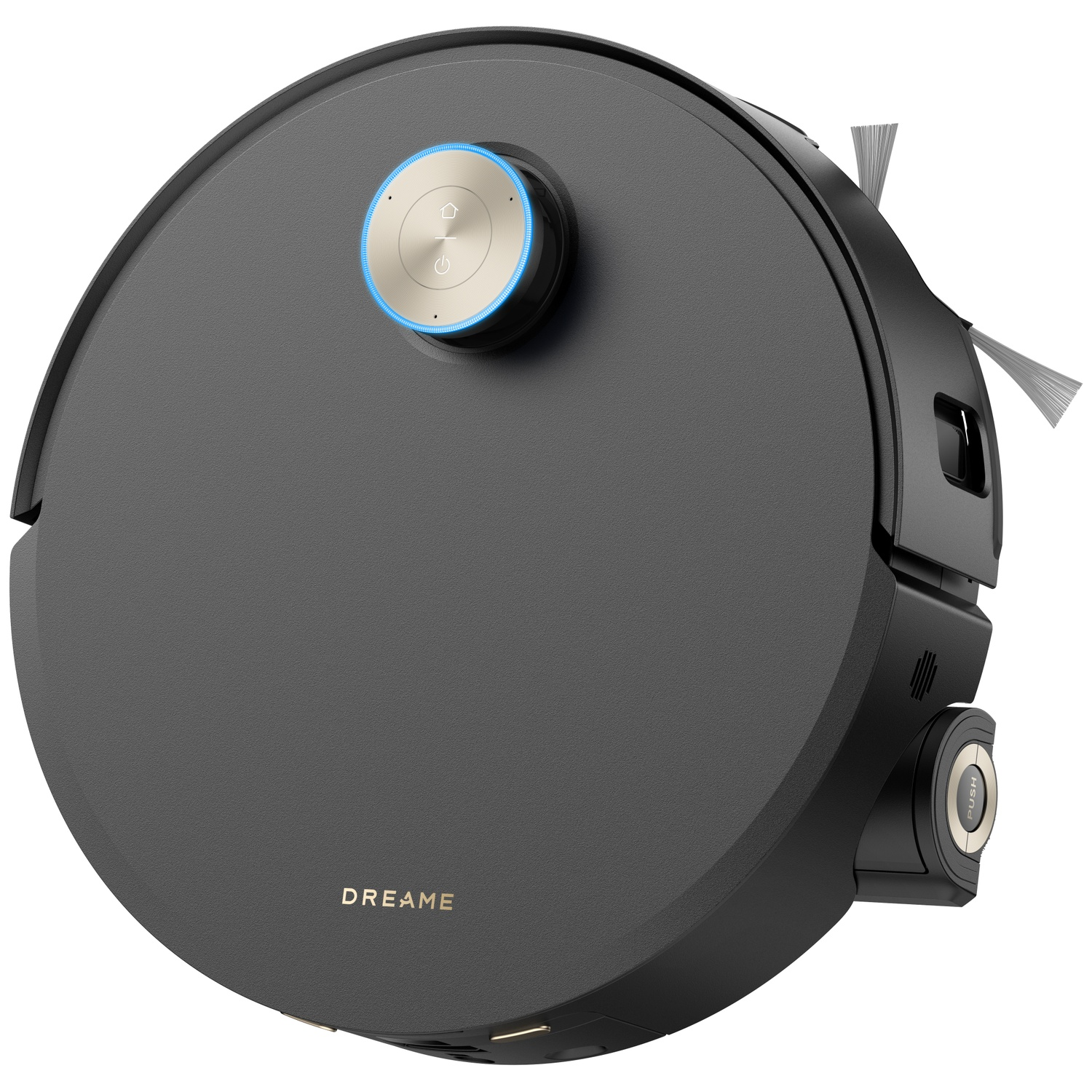 A round, black robot vacuum cleaner with a silver button and blue lighting.