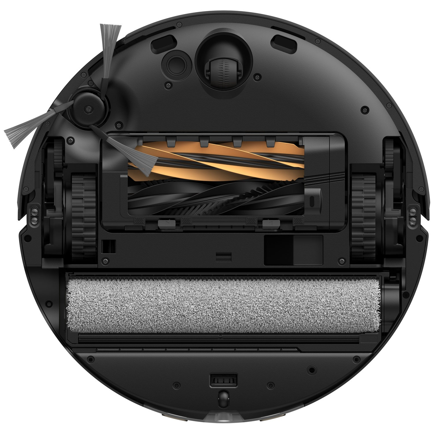 Bottom view of a black robot vacuum cleaner with brushes, wheels, and roller.