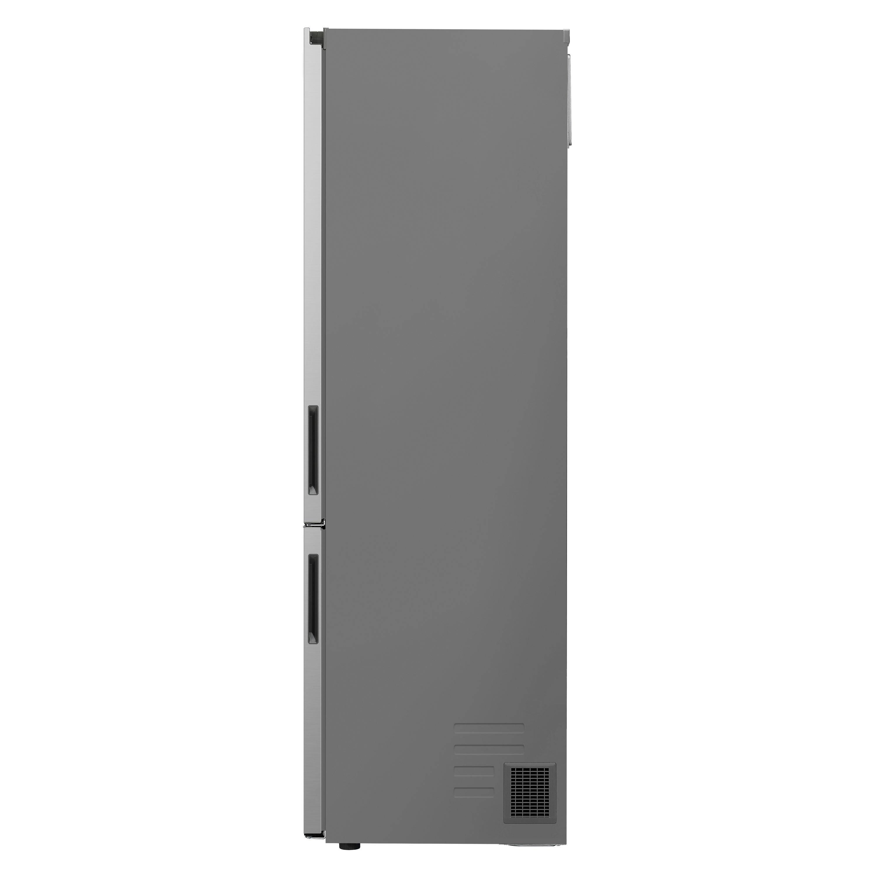 Grauer Kühlschrank von der Seite mit Griffen und Lüftungsschlitz.