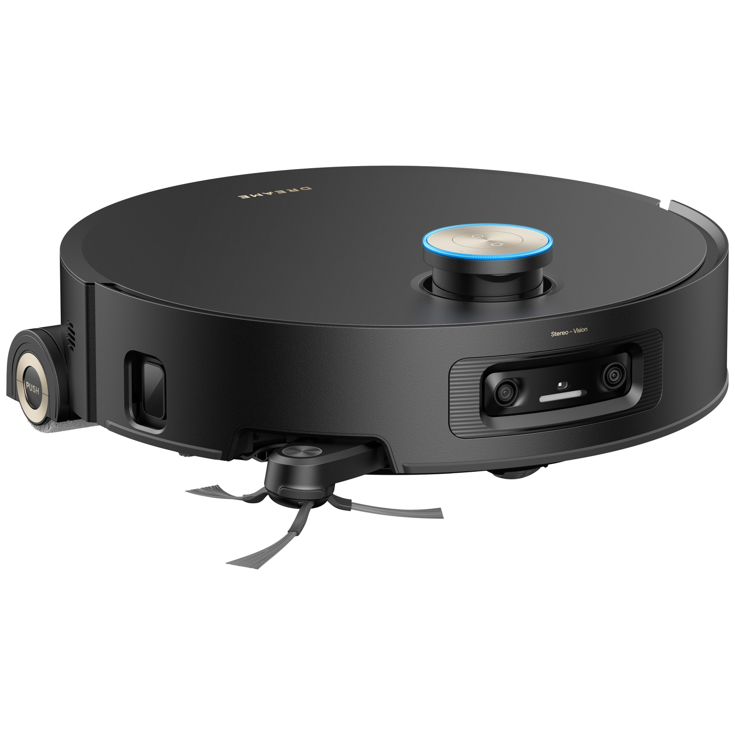 A black robot vacuum with spinning brushes and cameras on a white background.