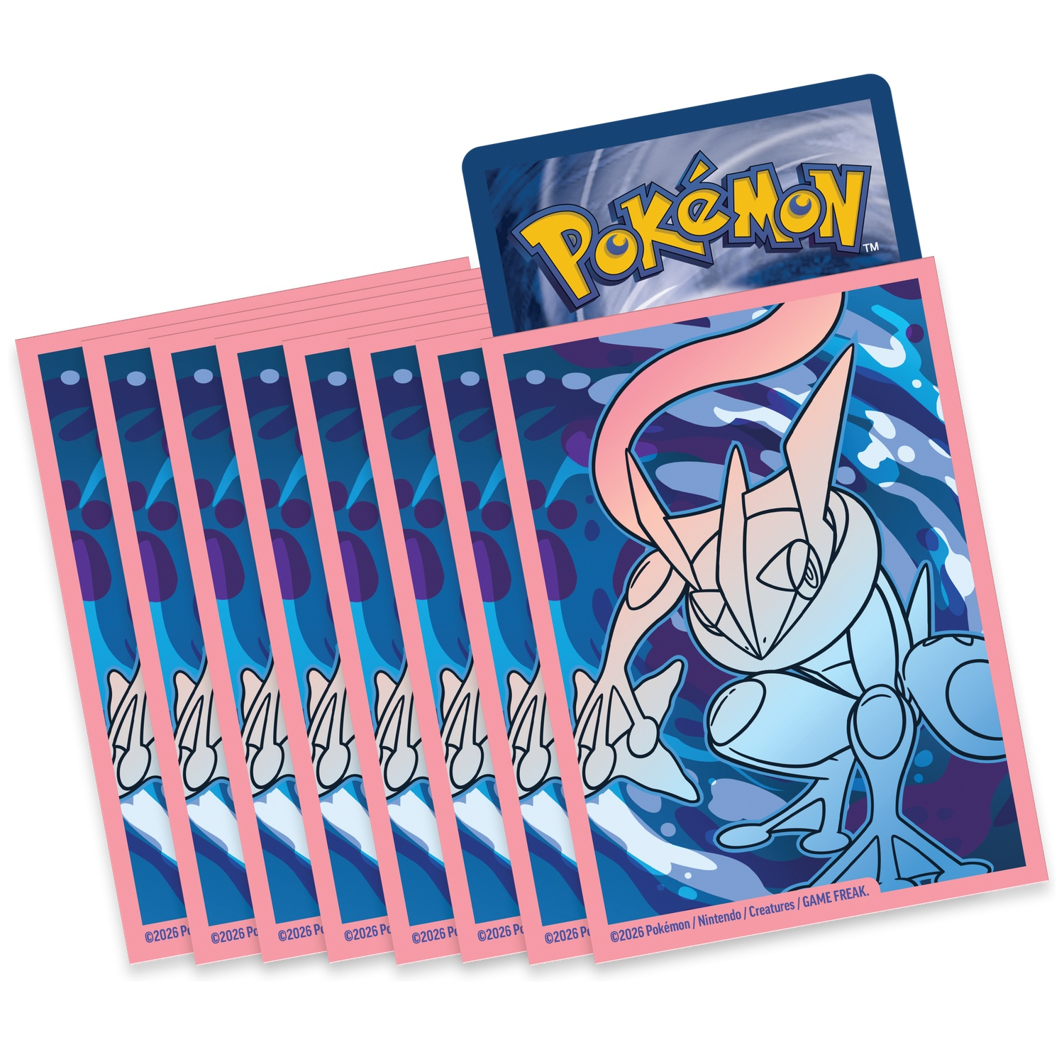 Stack of pink card sleeves with a Pokémon card showing Greninja in blue and pink.