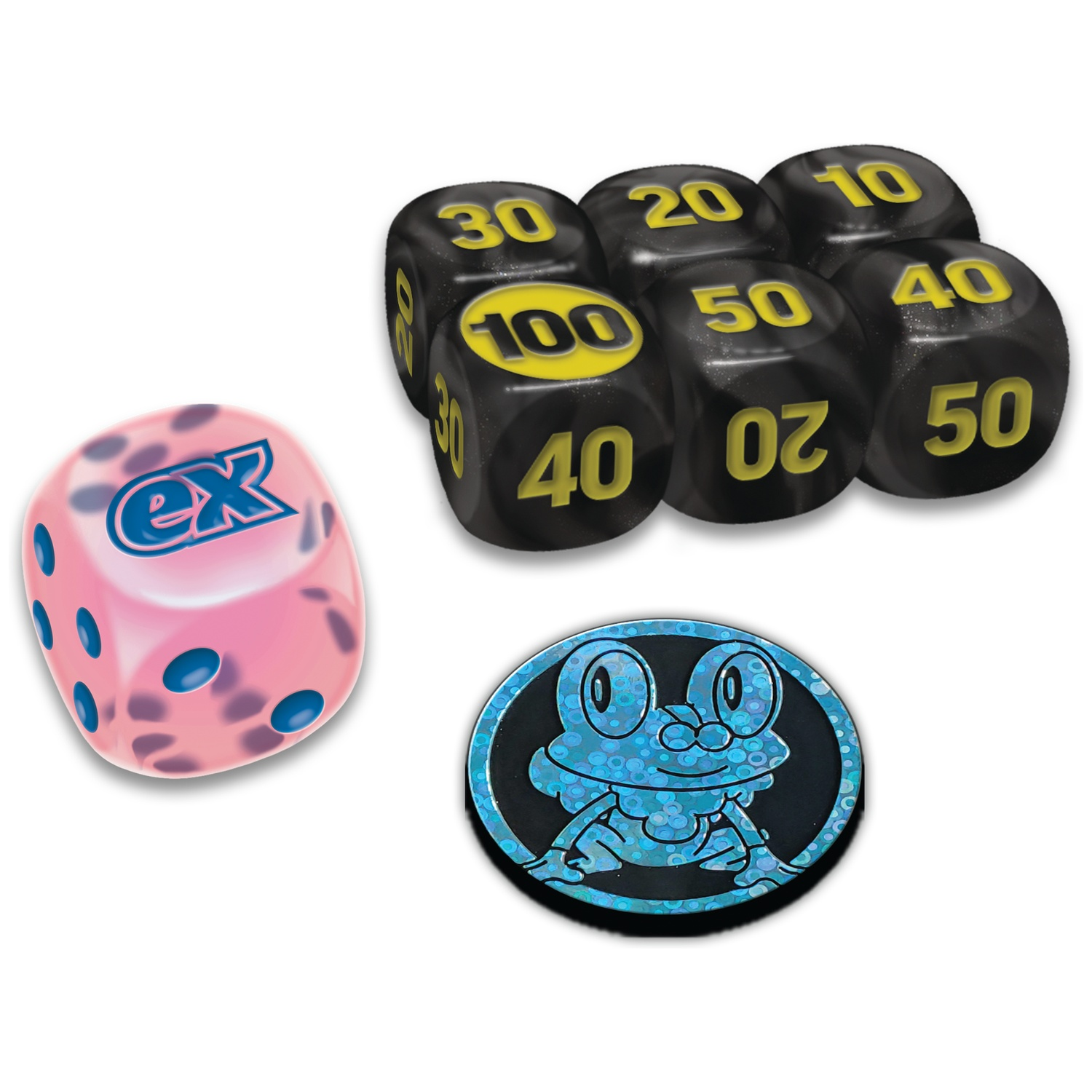 A pink die with blue dots and a pile of black dice with yellow numbers.