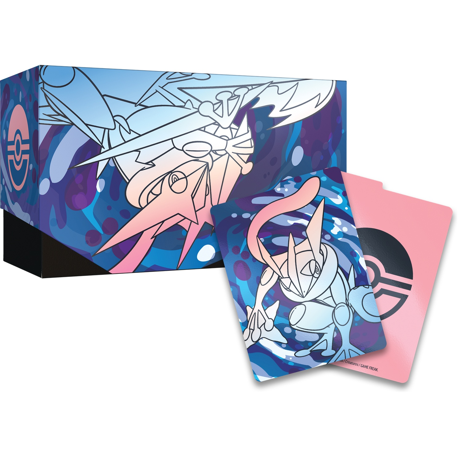 Pokemon box with blue and pink art, and two cards featuring a blue and pink creature.