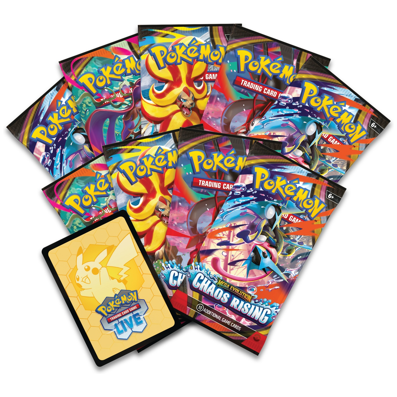 Pokémon card packs and a Pikachu card on a white background.