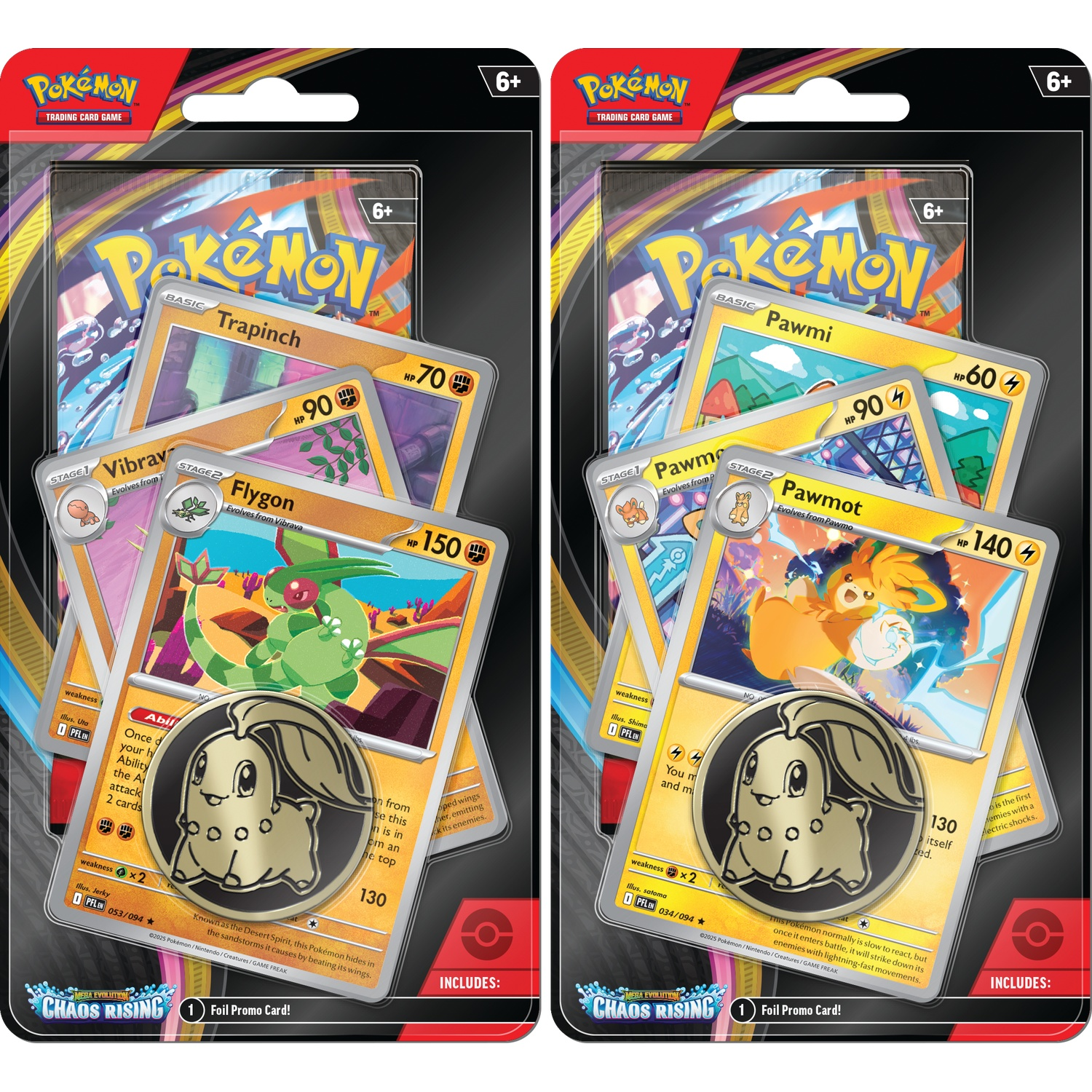 Two Pokémon card packs showing Trapinch and Pawmi cards and coins.