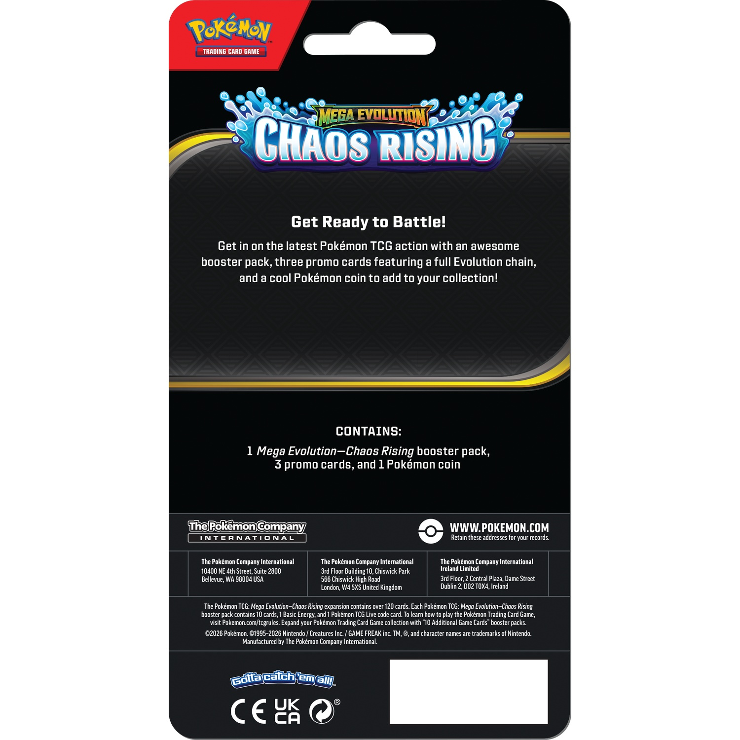 Pokémon TCG "Mega Evolution: Chaos Rising" expansion with booster pack, promo cards, and coin.