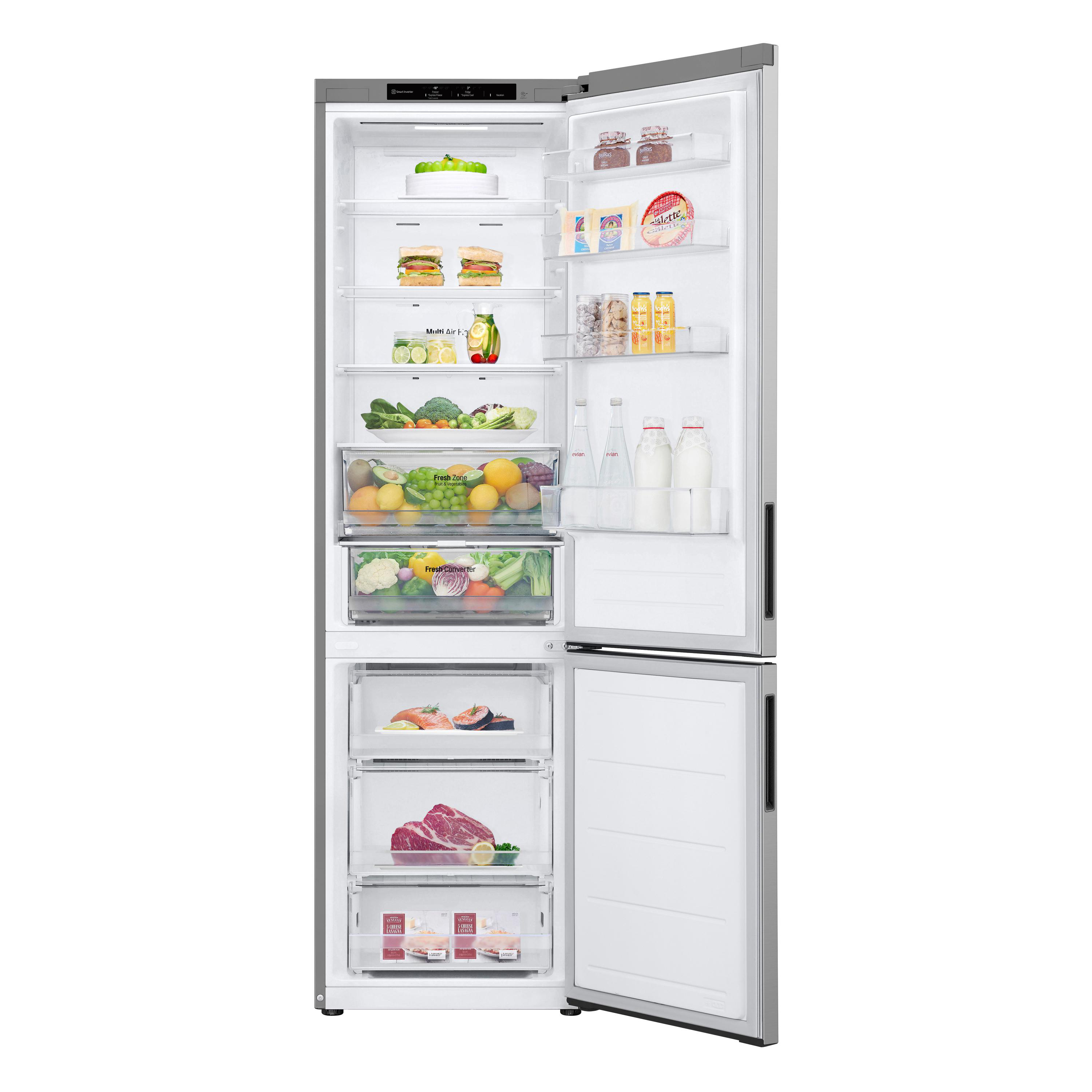 Offener Kühlschrank mit Lebensmitteln: Obst, Gemüse, Fleisch, Fisch, Käse, Getränke und Kuchen.