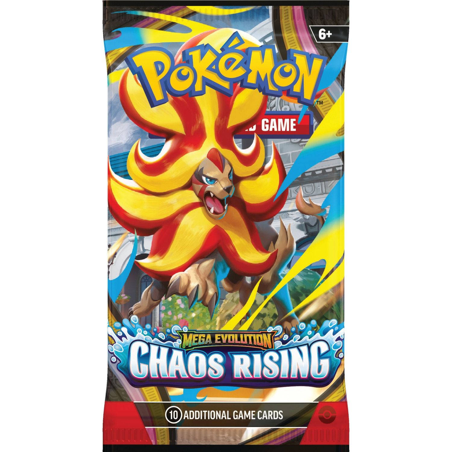 Pokemon Trading Card Game pack featuring a lion-like Pokemon, Chaos Rising.